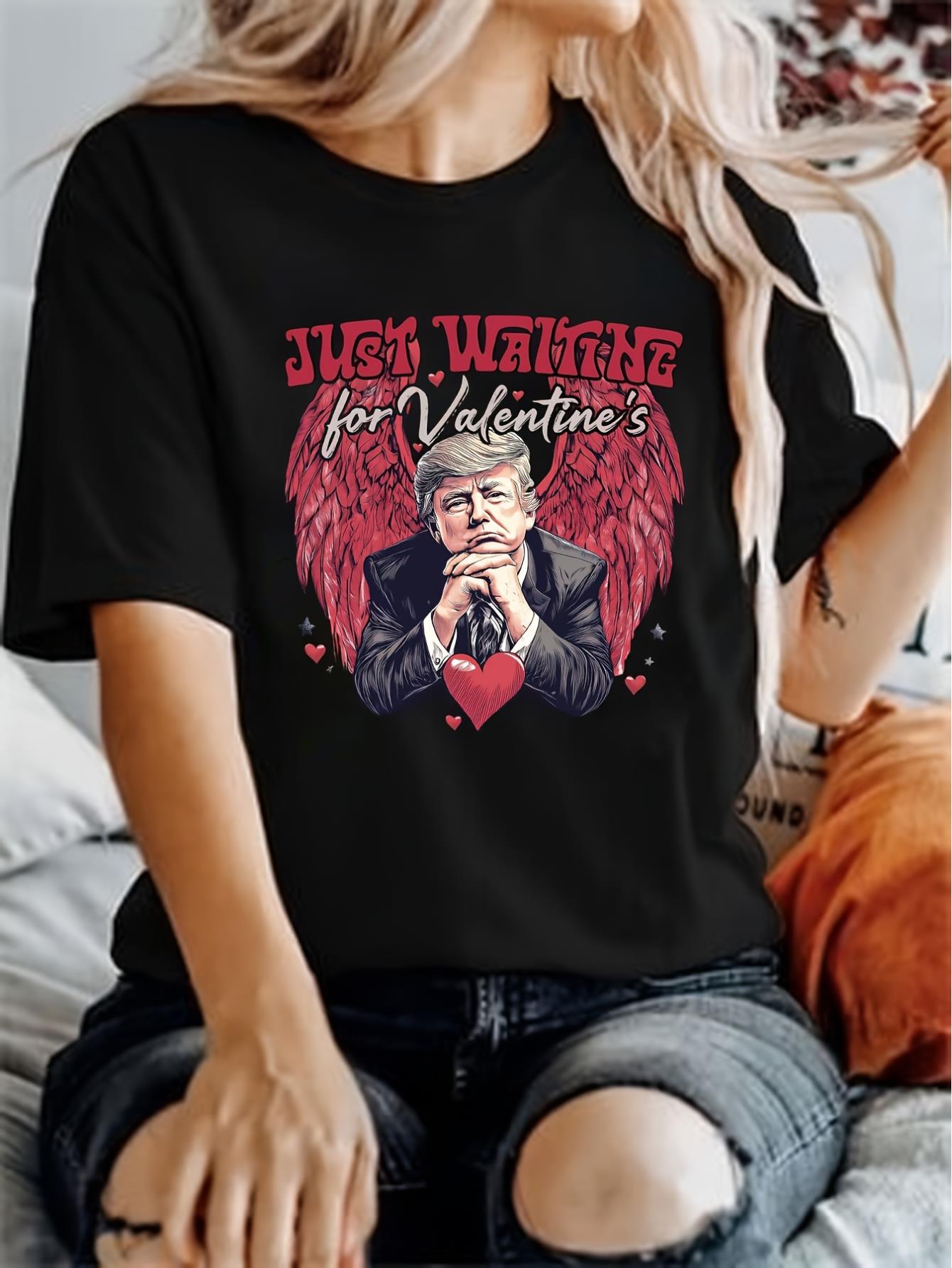 thumbnail image 1 of Women's T-shirt, "UST-WAITING Valentine's Day Trump Wings Heart" Print, Vintage Simple Fashion Casual Comfortable Crew Neck Sport Short Sleeve T-Shirt, 1 of 6