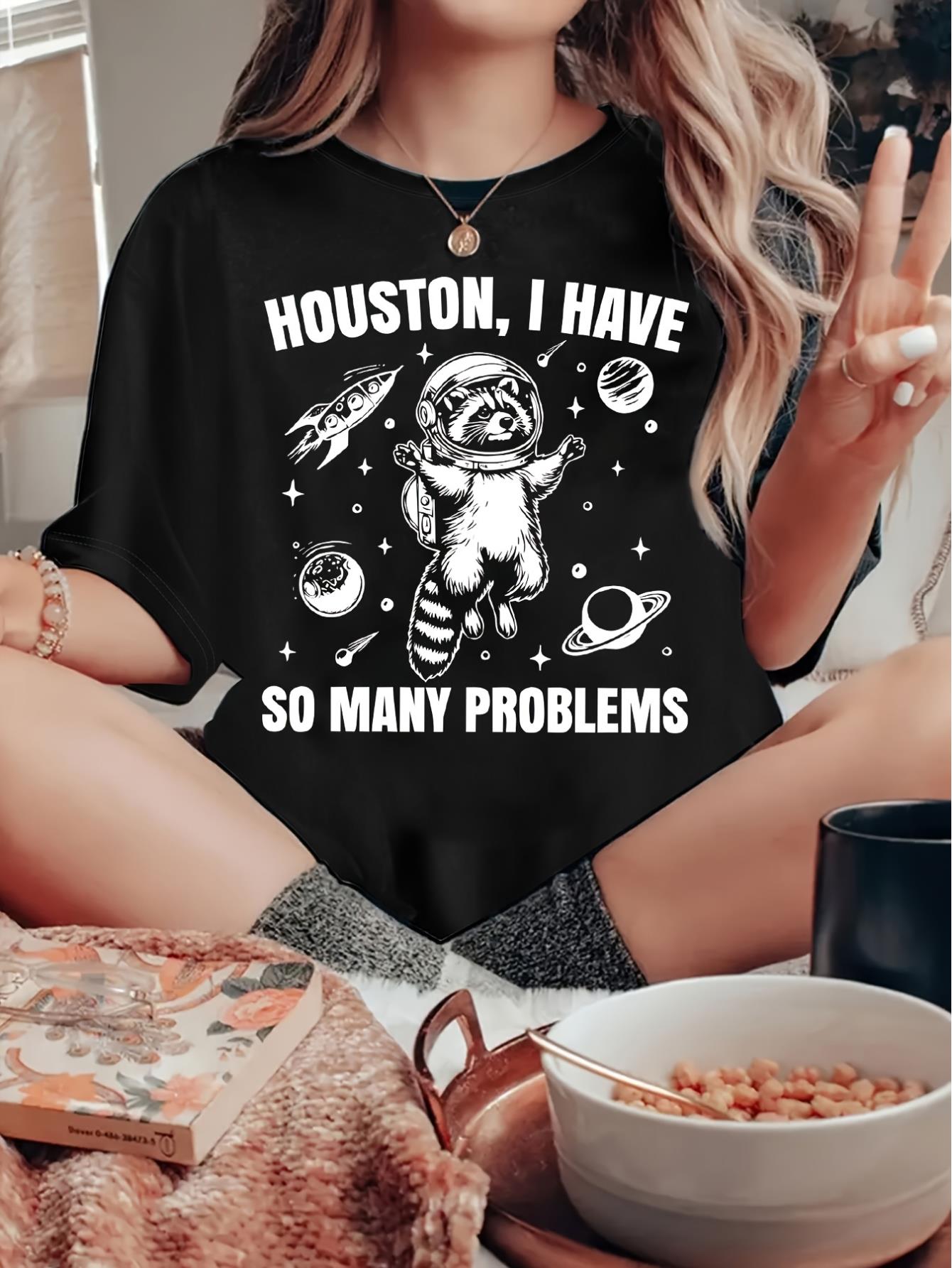 thumbnail image 1 of Women'S T-shirt, "space Raccoon Small Planet Letters" Print, Retro Minimalist Fashion, Casual And Comfortable Round Neck, Sporty Short Sleeve T-shirt, 1 of 6