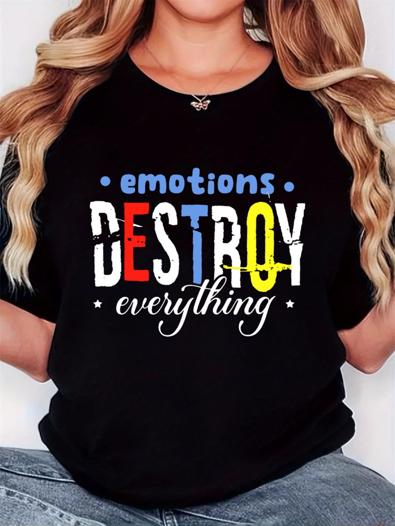 Women'S T-Shirt, "DESTROY EMOTIONS" Print, Retro Minimalist Fashion, Round Neck, Casual Comfort, Sports Short Sleeve T-Shirt