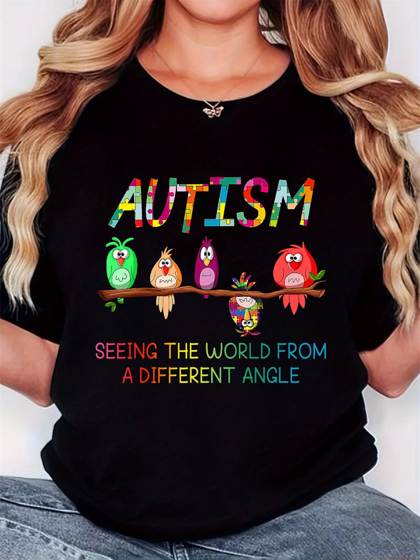 thumbnail image 1 of Women's T-shirt, "AUTISM Five Colorful Birds" print, retro minimalist fashion, round neck, casual and comfortable, sports short-sleeved T-shirt, 1 of 6