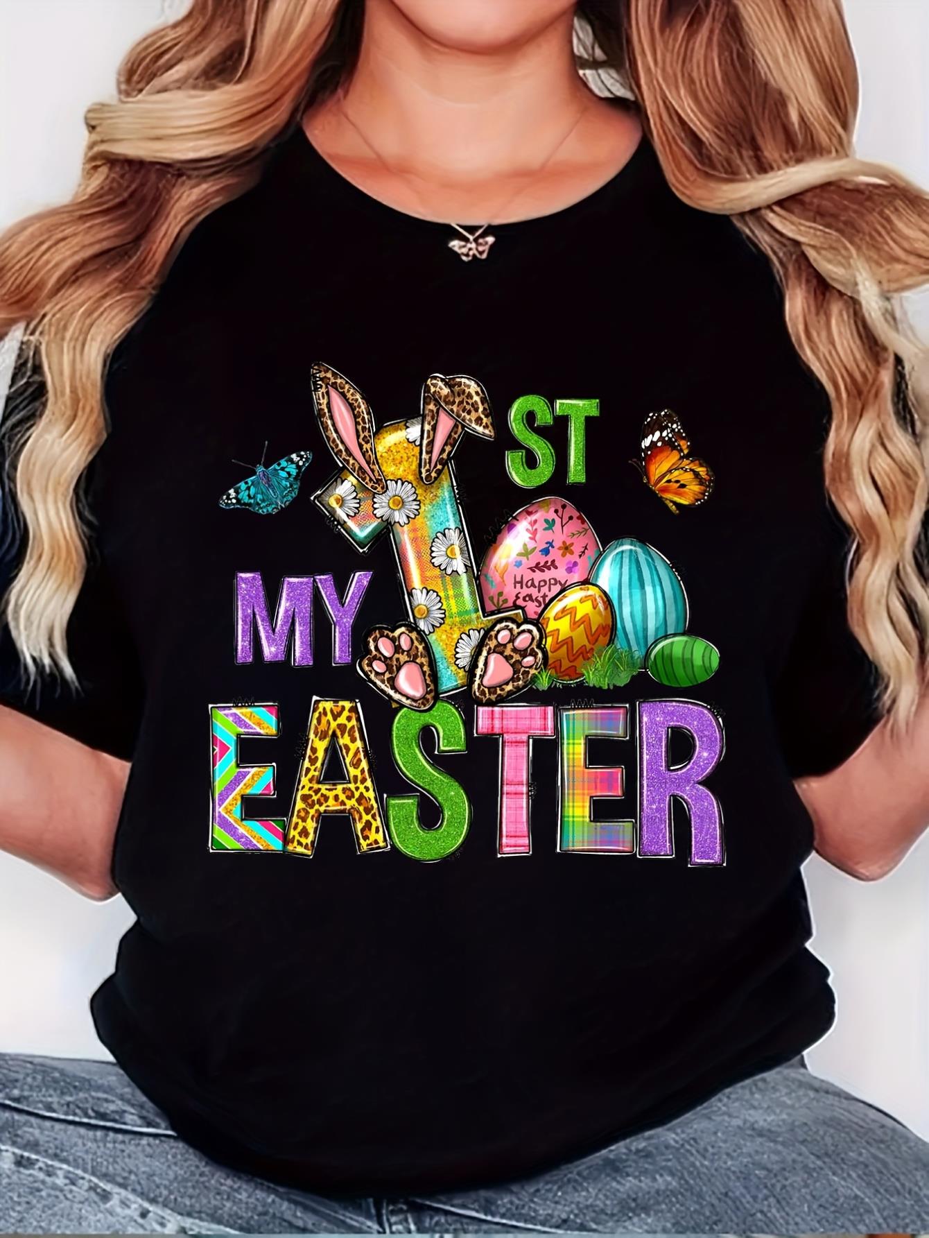 Women'S T-shirt, "Easter Leopard Letters" Print, Retro Minimalist Fashion, Round Neck, Casual And Comfortable, Sporty Short-sleeved T-shirt