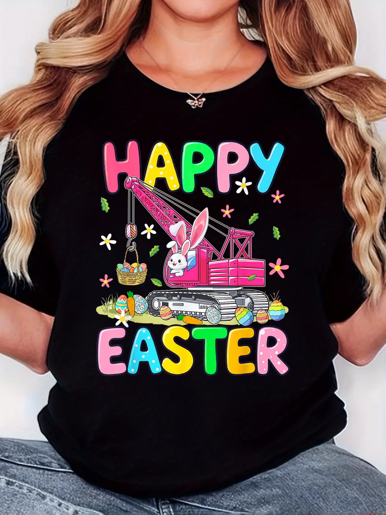 Women's Short-Sleeve T-Shirt with Retro Minimalist Rabbit Print, Round Neck, Casual Comfort, All-Season Wear, Machine Washable, Festive Clothing | Retro Minimalist Tee | Knitted Texture, Cute T Shirt