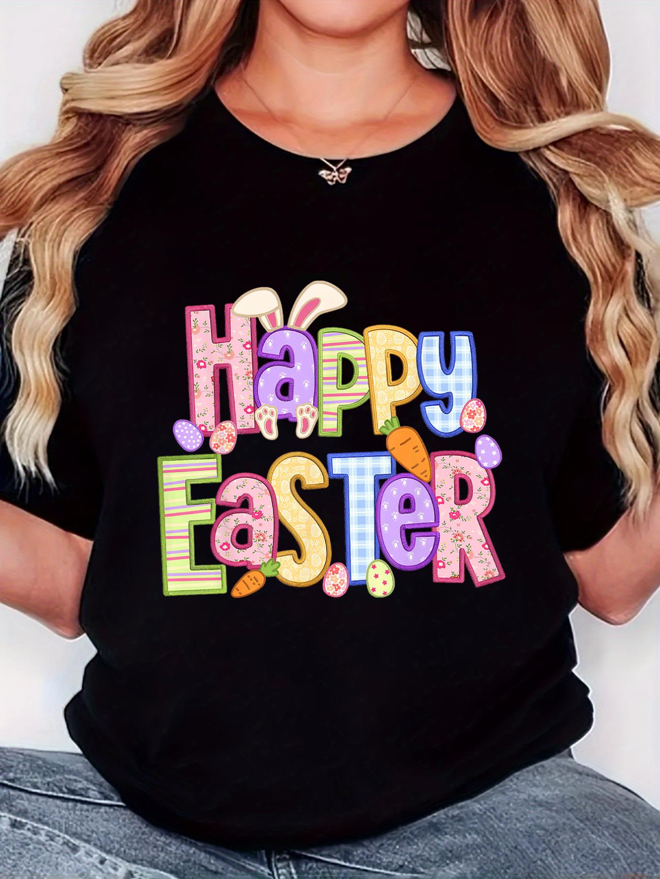 thumbnail image 1 of Women's Retro Easter T-Shirt - "Happy Bunny Ears" Print, Casual Comfort Fit, Round Neck Short Sleeve, Soft Fabric, Festive Holiday Design with Colorful Easter Eggs & Carrots, Holiday Apparel | Playfu, 1 of 6