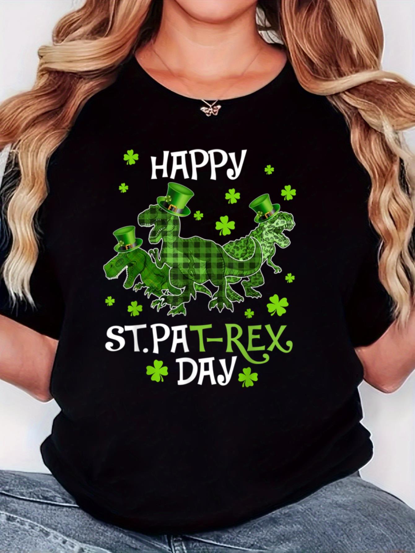 thumbnail image 1 of Women'S T-Shirt, Orientation St. Patrick'S Day "Happy Green Dinosaur" Print, Retro Minimalist Fashion, Round Neck, Casual Comfort, Sports Short Sleeve T-Shirt, 1 of 7