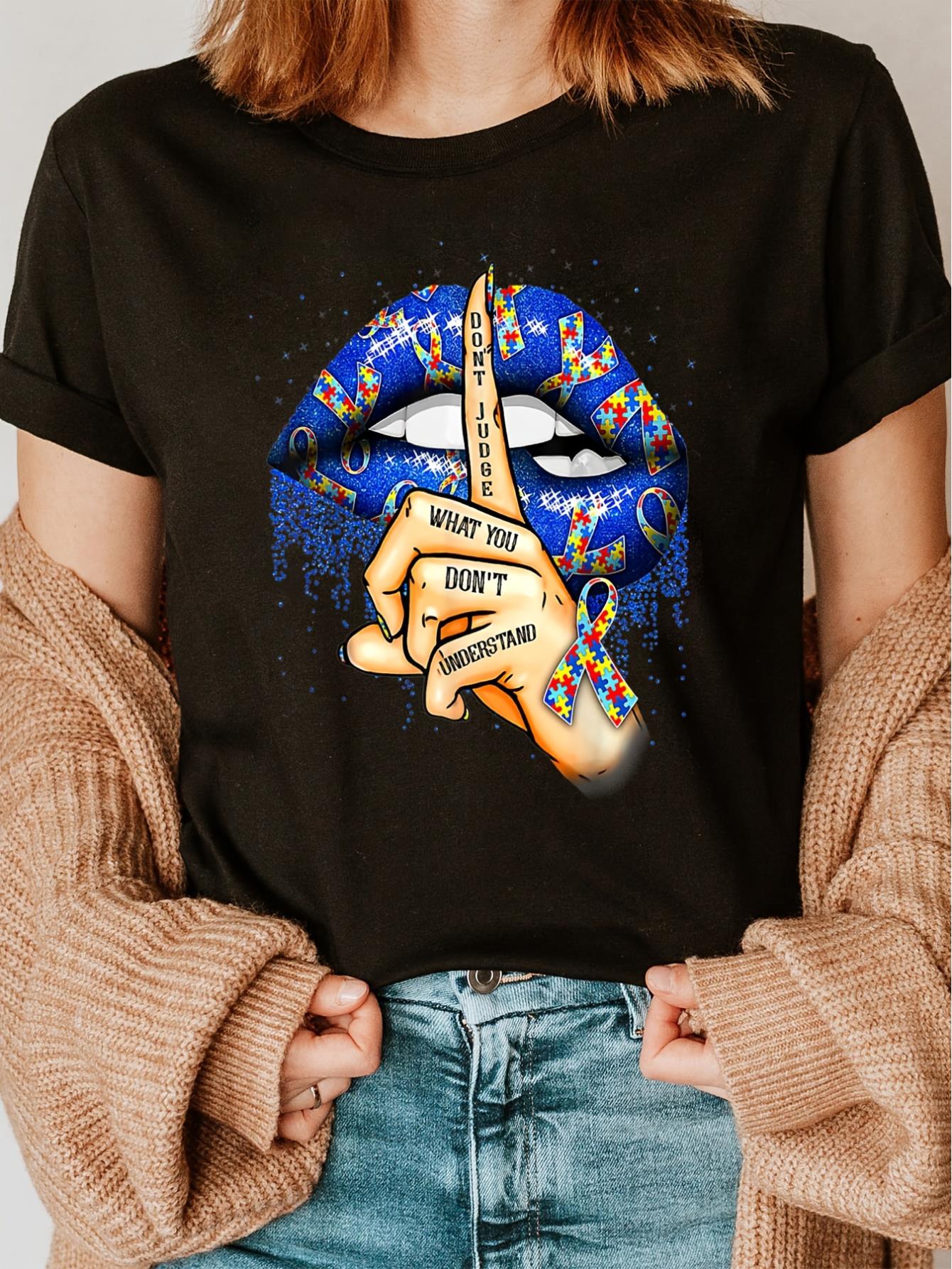 Autism Awareness Print Crew Neck T-shirt, Short Sleeve Casual Top For Summer & Spring, Women's Clothing