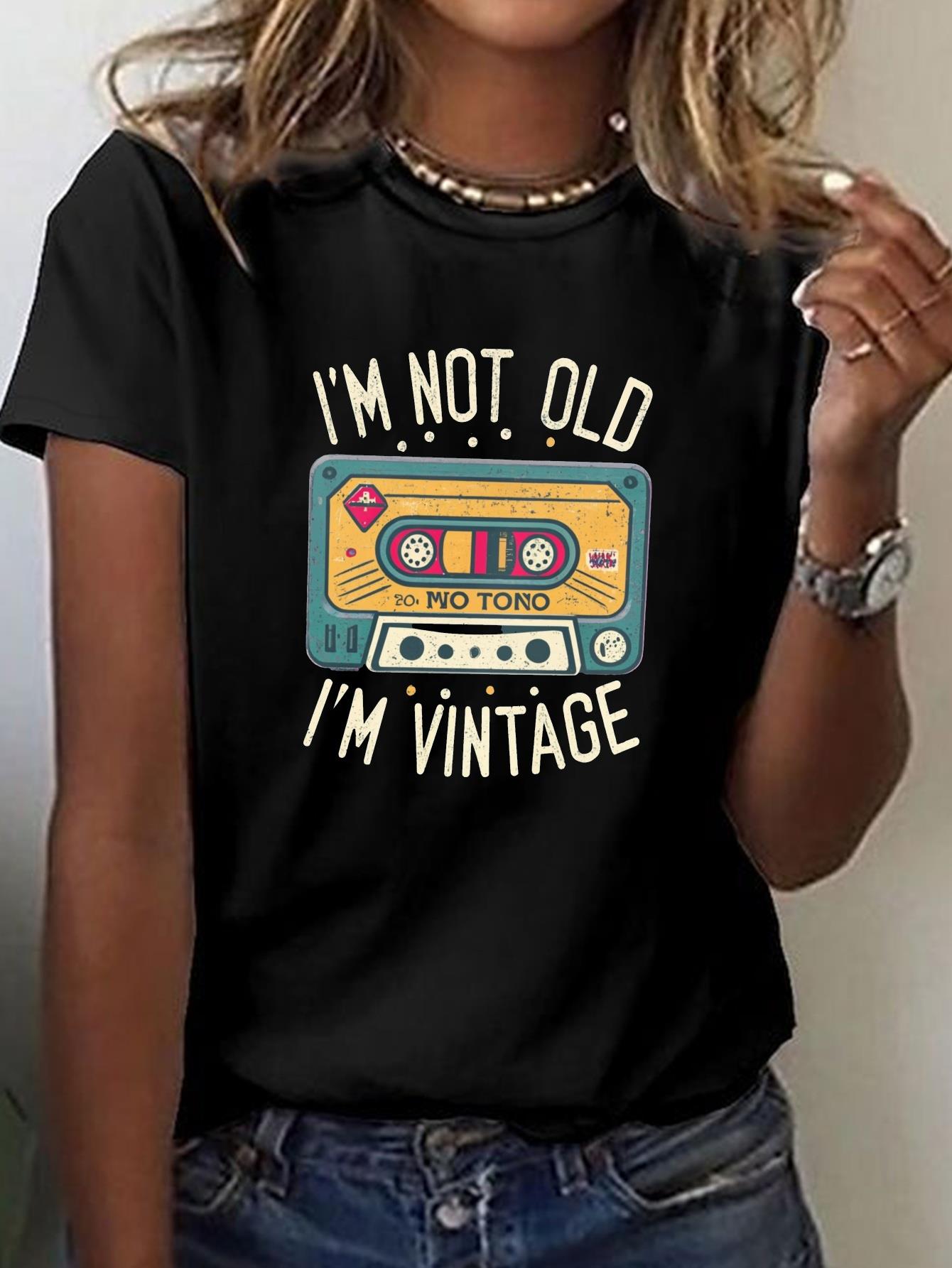 thumbnail image 1 of Women'S Vintage Cassette Print T-Shirt, Casual Crew Neck Short Sleeve Top, Polyester Knit Fabric, Geometric Pattern, All Seasons, Regular Length - 95% Polyester, 5% Spandex, 1 of 5