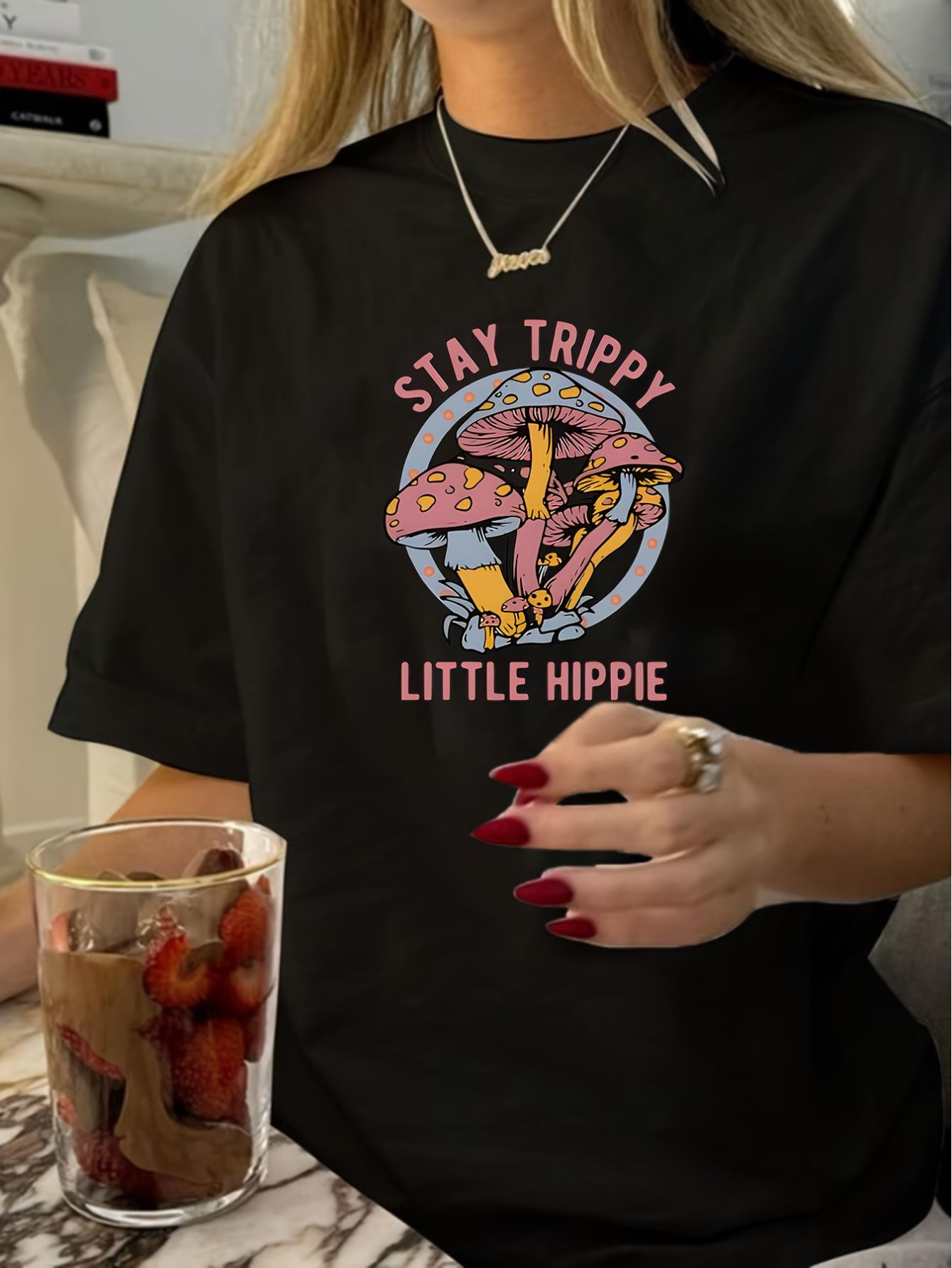 thumbnail image 1 of Vintage Crew Neck T-Shirt for Women - Geometric-Patterned Polyester Knit Fabric, Short Sleeve, Regular Length, Summer Casual Tee with "Stay Trippy Little Hippie" Print, 1 of 6