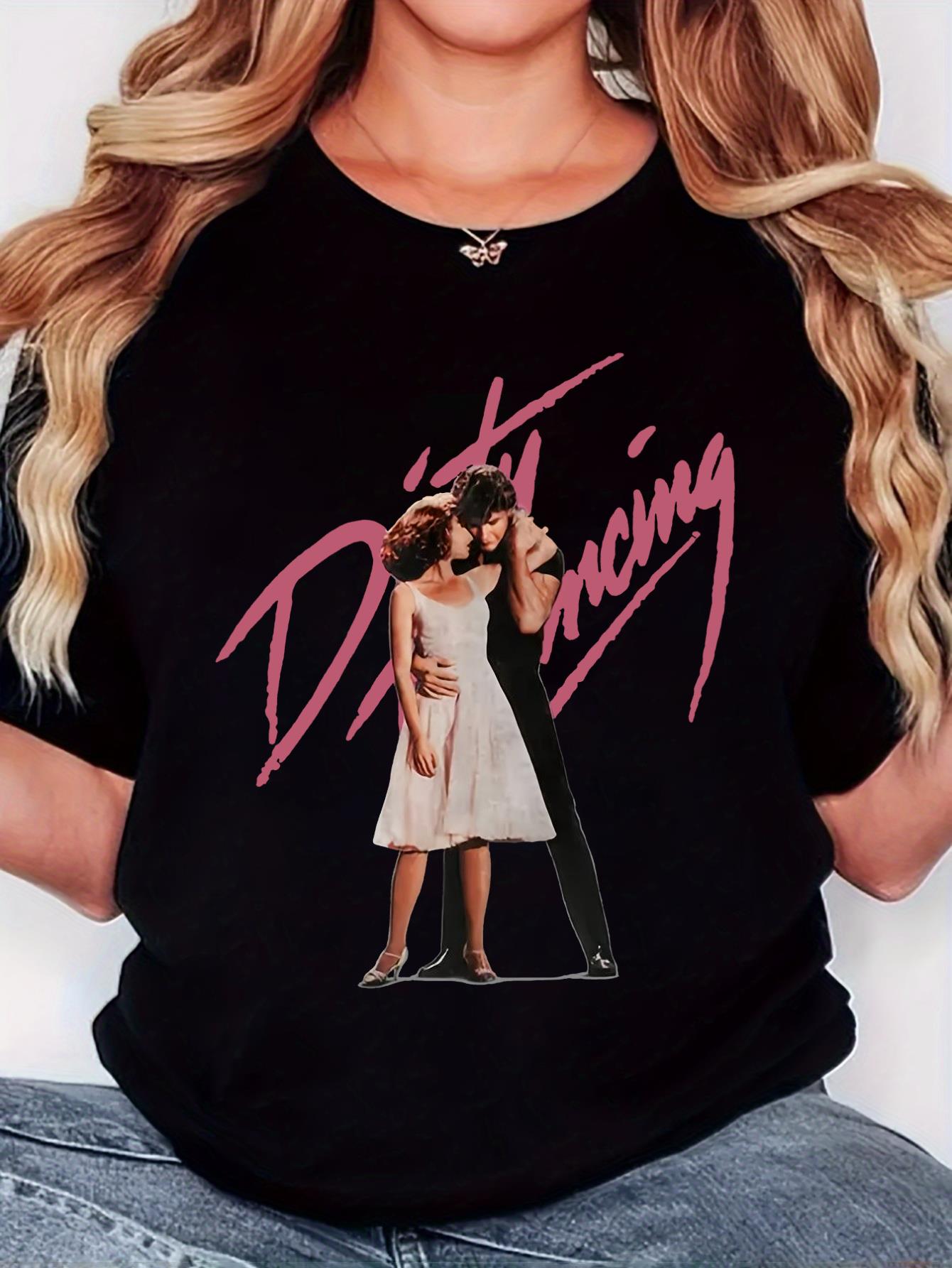 thumbnail image 1 of Women's Retro "Men and Women Dancing" Graphic T-Shirt - Casual Crew Neck, Short Sleeve, Comfort Fit, Knit, Black with Pink Lettering, Minimalist Design, Comfortable Clothing | Retro Graphic Tee | Rel, 1 of 7