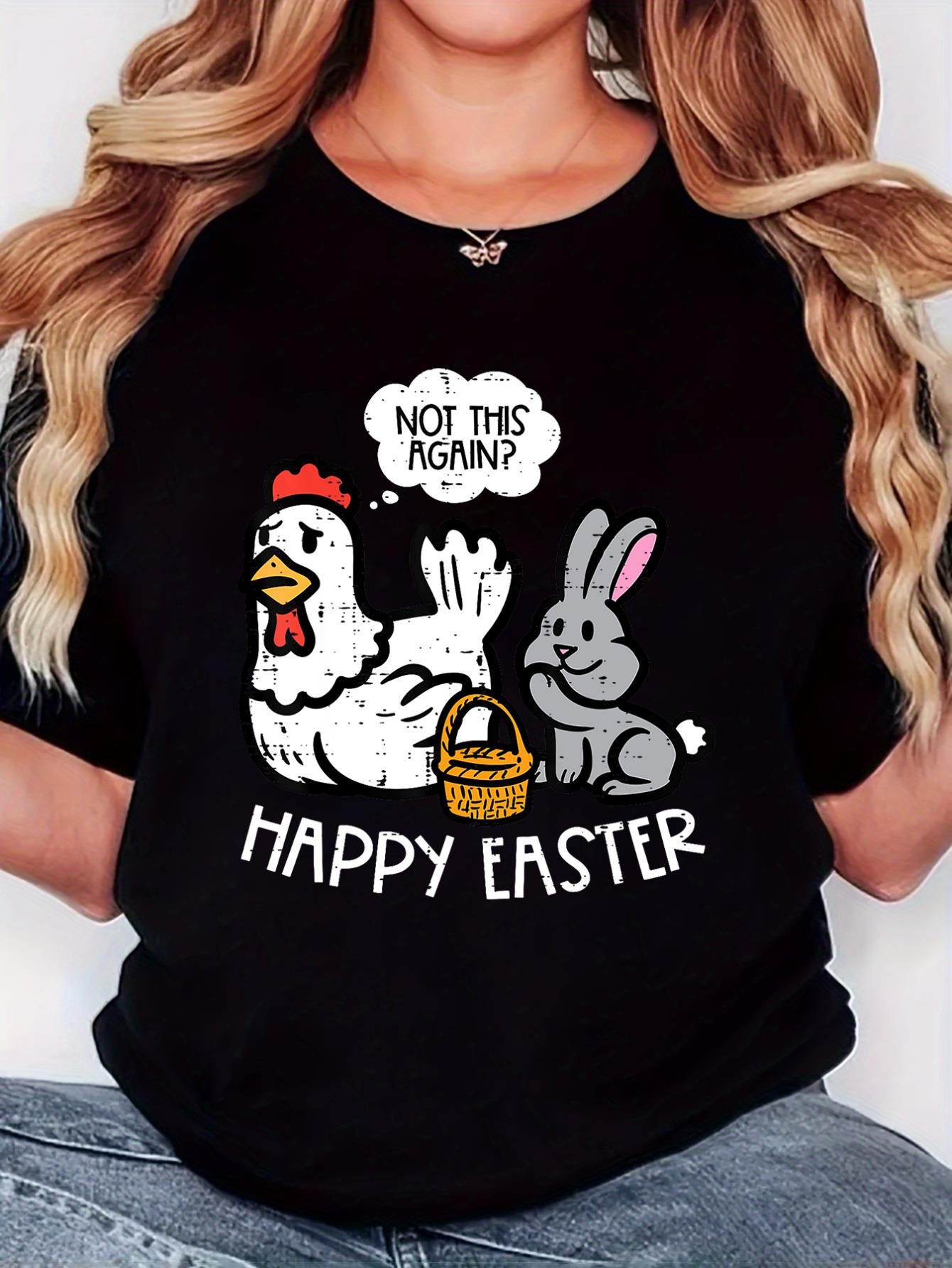 thumbnail image 1 of Women'S T-Shirt, "gray Rabbit And Other White Chicken Easter White" Print, Retro Minimalist Fashion, Round Neck, Casual And Comfortable, Sports Short-Sleeved T-Shirt, 1 of 7