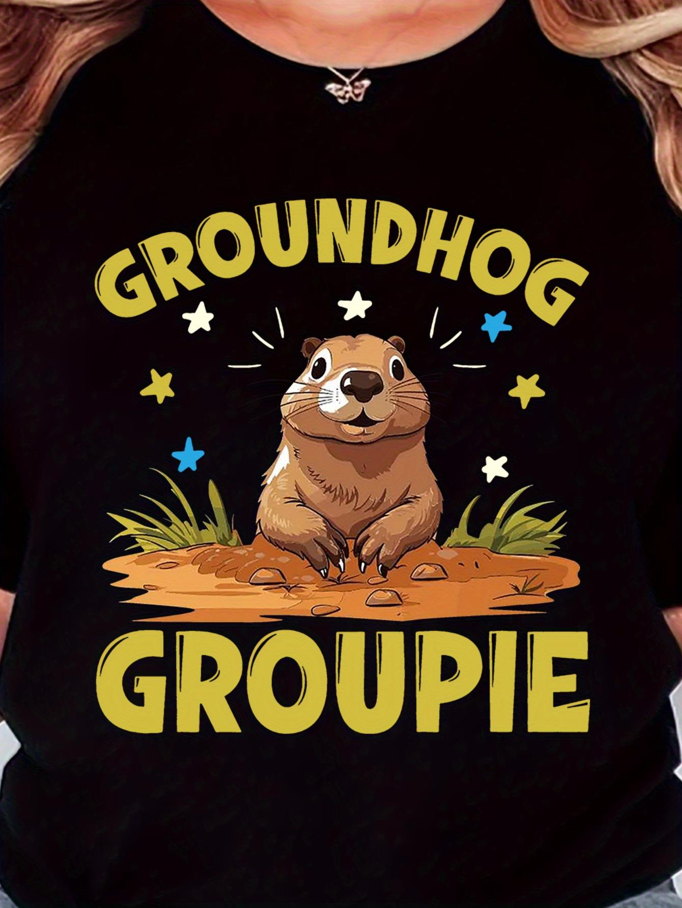 Women's Retro Groundhog Graphic Tee - "GROUNDHOG GROUPIE" Print, Casual & Comfy Round Neck Short Sleeve Shirt, Minimalist Design with Blue Stars, Perfect for Casual Attire, Everyday Tshirt | Vintage