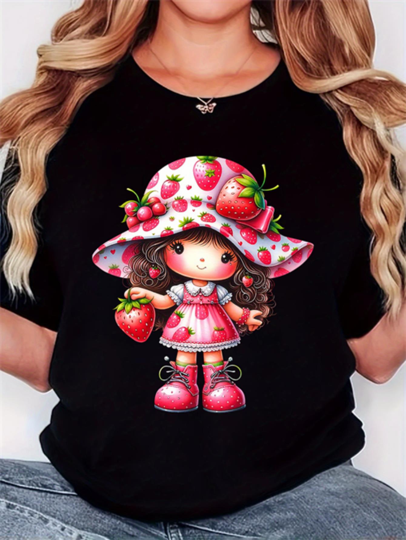 thumbnail image 1 of Women'S T-Shirt, "Little Girl in Hat Strawberry" Print, Retro Minimalist Fashion, Round Neck, Casual Comfort, Sports Short Sleeve T-Shirt, 1 of 7