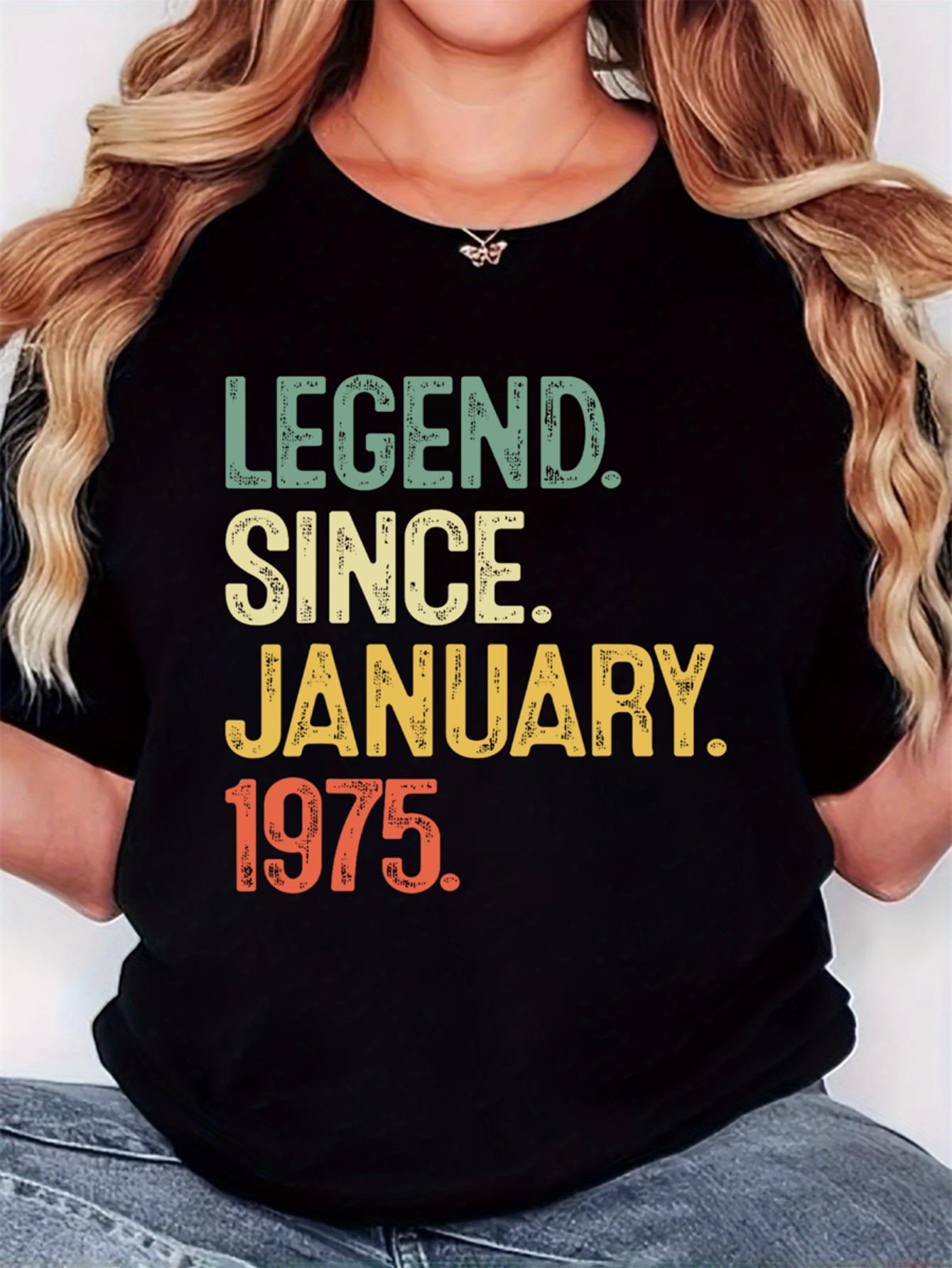 thumbnail image 1 of Women's Retro "Legend Since January 1975" Graphic T-Shirt, Casual Comfort Fit, Round Neck Short Sleeve, Vintage Minimalist Design, Black Tee for Casual Attire, 1 of 7