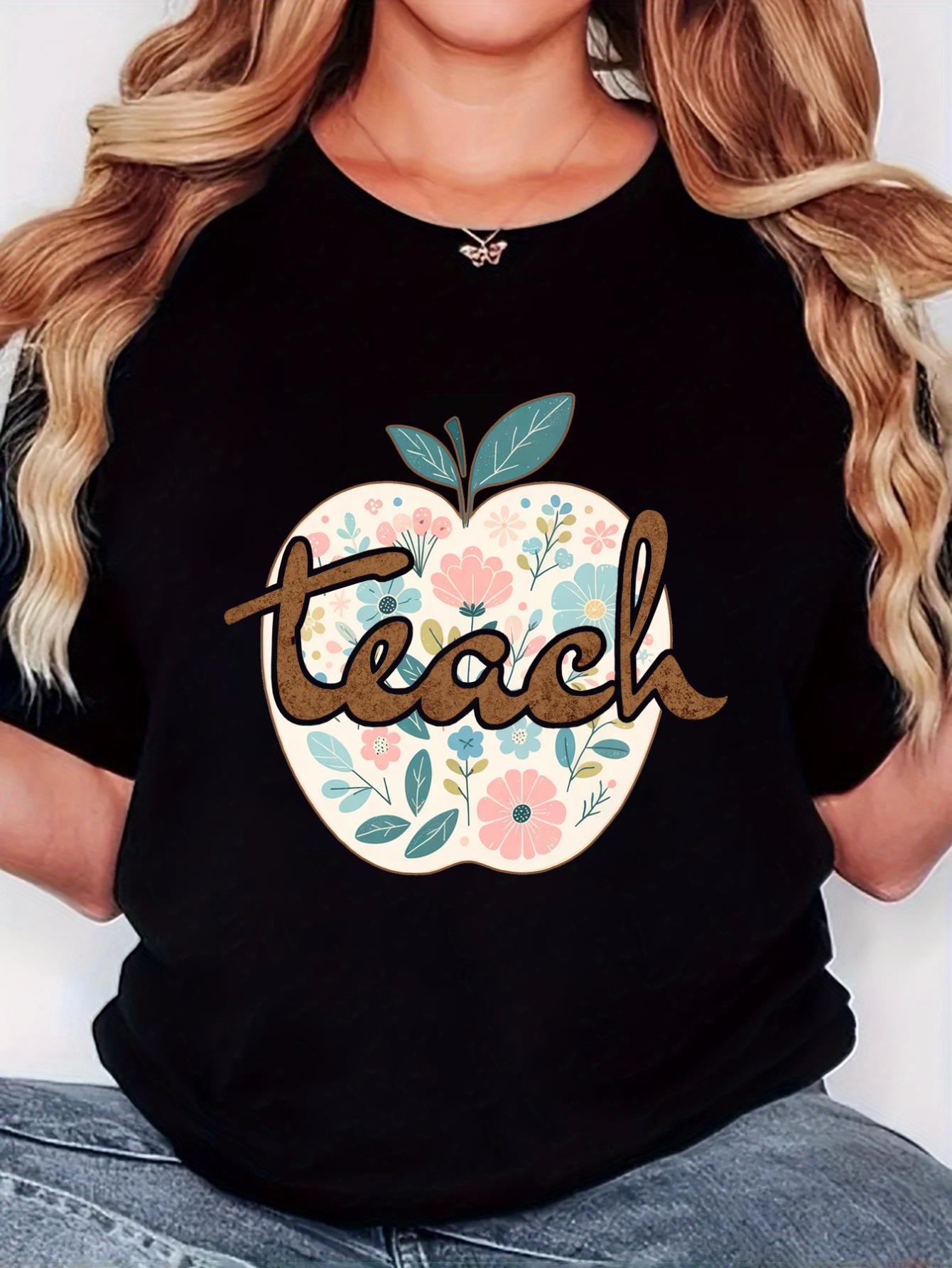 thumbnail image 1 of Women'S T-Shirt, "Flower Apple Teach" Print, Retro Minimalist Fashion, Round Neck, Casual Comfort, Sports Short Sleeve T-Shirt, 1 of 7