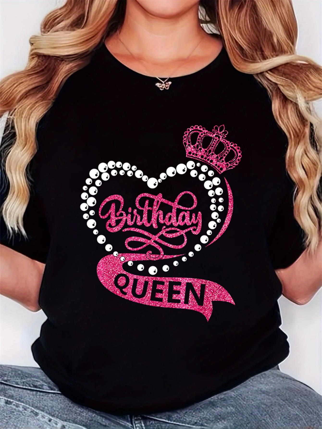 Women'S T-Shirt, "Bead Love Crown Queen White" Print, Retro Minimalist Fashion, Round Neck, Casual Comfort, Sports Short Sleeve T-Shirt