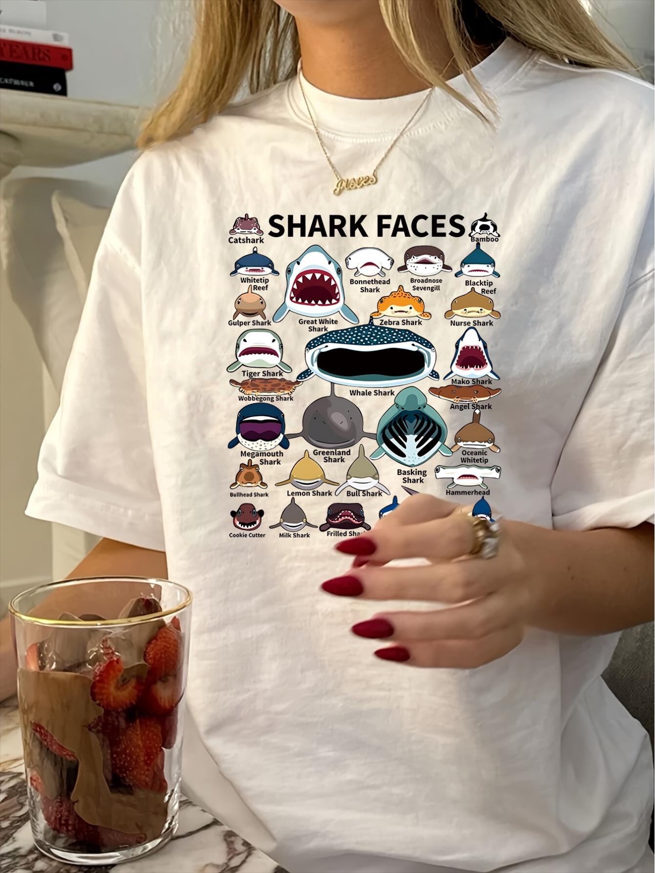 thumbnail image 1 of 1pc Vintage Shark Faces Graphic Tee for Women, Casual Round Neck Short Sleeve T-Shirt, Summer Knit Polyester Top with Geometric Pattern Design, 1 of 8