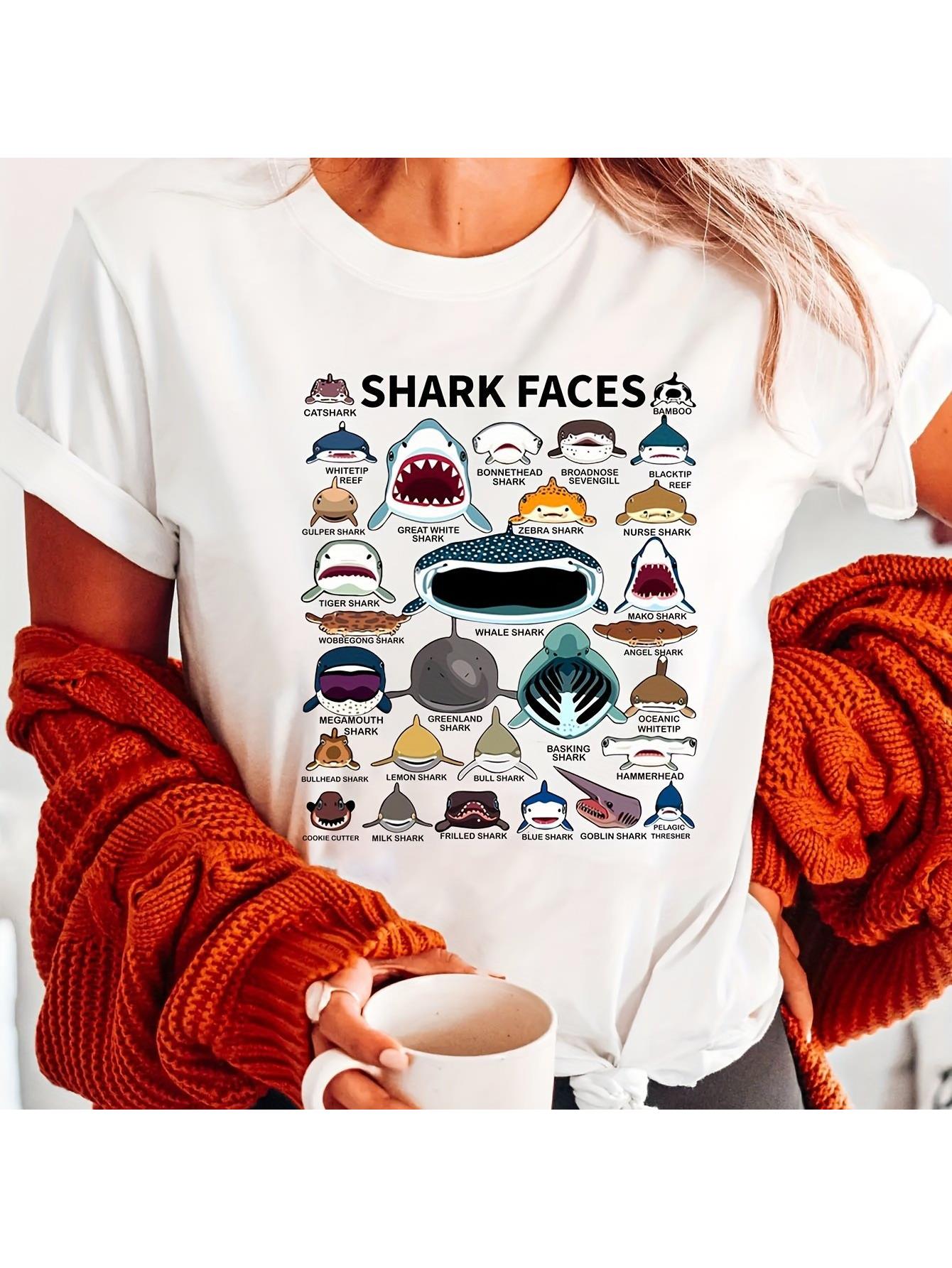 thumbnail image 2 of 1pc Vintage Shark Faces Graphic Tee for Women, Casual Round Neck Short Sleeve T-Shirt, Summer Knit Polyester Top with Geometric Pattern Design, 2 of 8