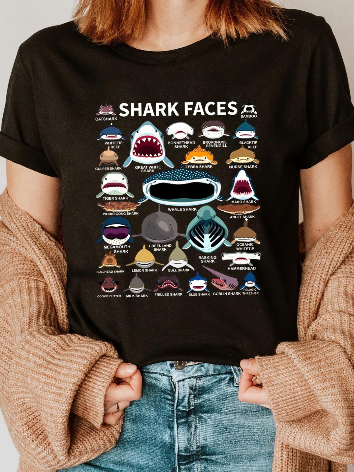 thumbnail image 3 of 1pc Vintage Shark Faces Graphic Tee for Women, Casual Round Neck Short Sleeve T-Shirt, Summer Knit Polyester Top with Geometric Pattern Design, 3 of 8