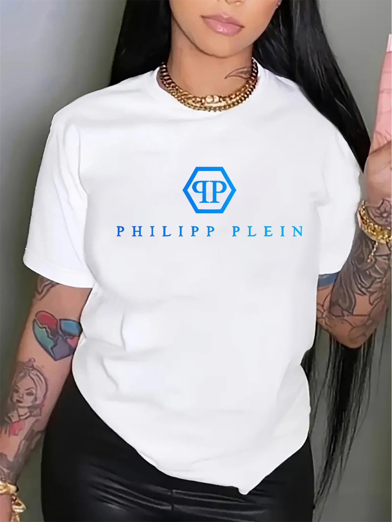thumbnail image 1 of Philip Plein Women's Casual Graphic Tee - Loose Fit Round Neck Short Sleeve, White with Blue Logo Print, Lightweight Polyester Fabric, Perfect for Casual Attire, 1 of 8