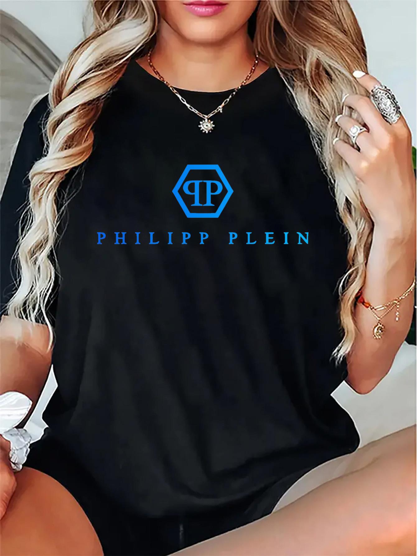 thumbnail image 2 of Philip Plein Women's Casual Graphic Tee - Loose Fit Round Neck Short Sleeve, White with Blue Logo Print, Lightweight Polyester Fabric, Perfect for Casual Attire, 2 of 8