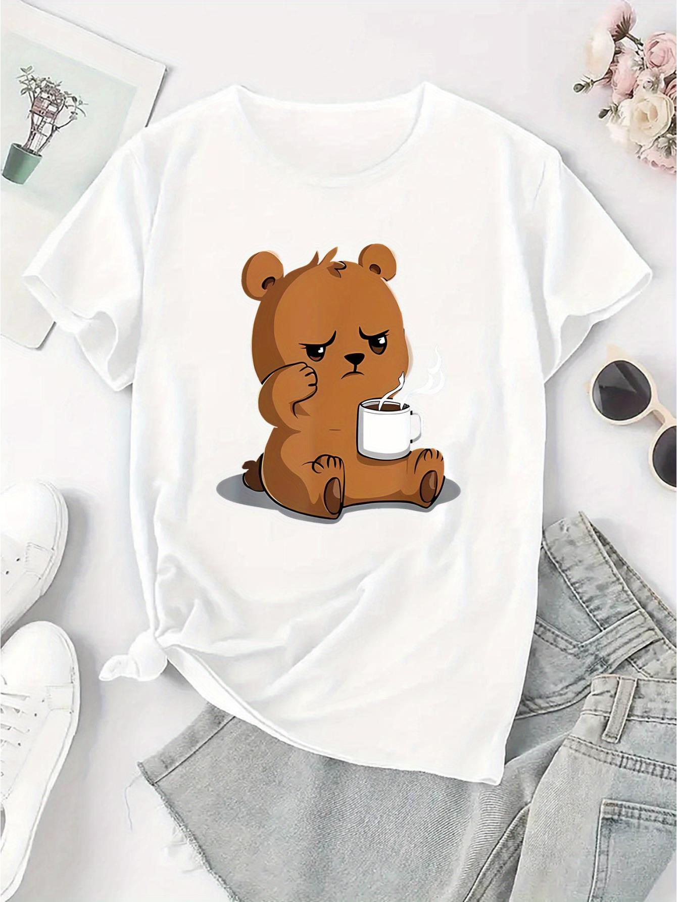 thumbnail image 3 of Women'S Casual Crew Neck T-Shirt with Cute Bear and Coffee Print, Polyester Knit Fabric, Medium Stretch, All Season Fashion Top, 3 of 8