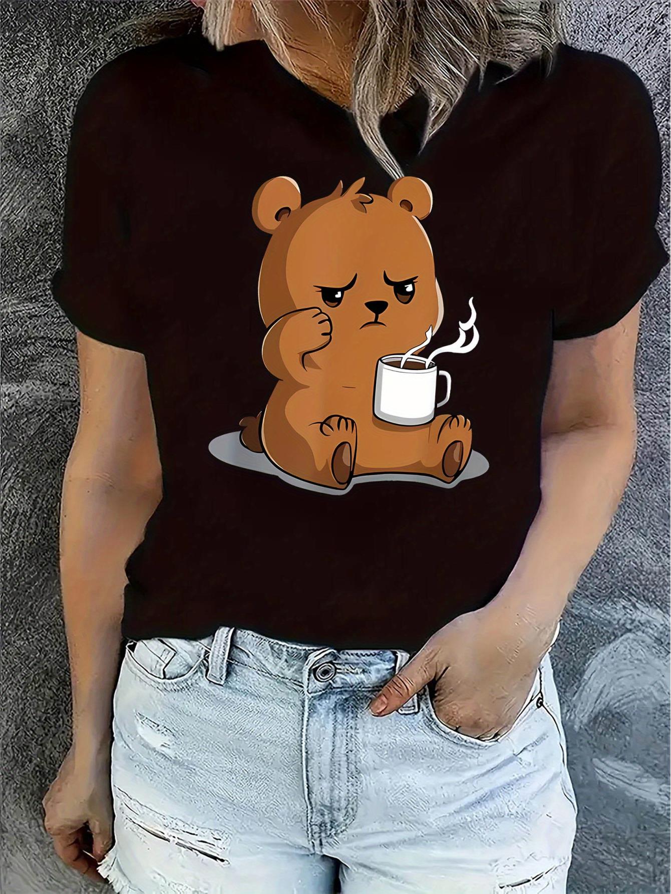 thumbnail image 2 of Women'S Casual Crew Neck T-Shirt with Cute Bear and Coffee Print, Polyester Knit Fabric, Medium Stretch, All Season Fashion Top, 2 of 8