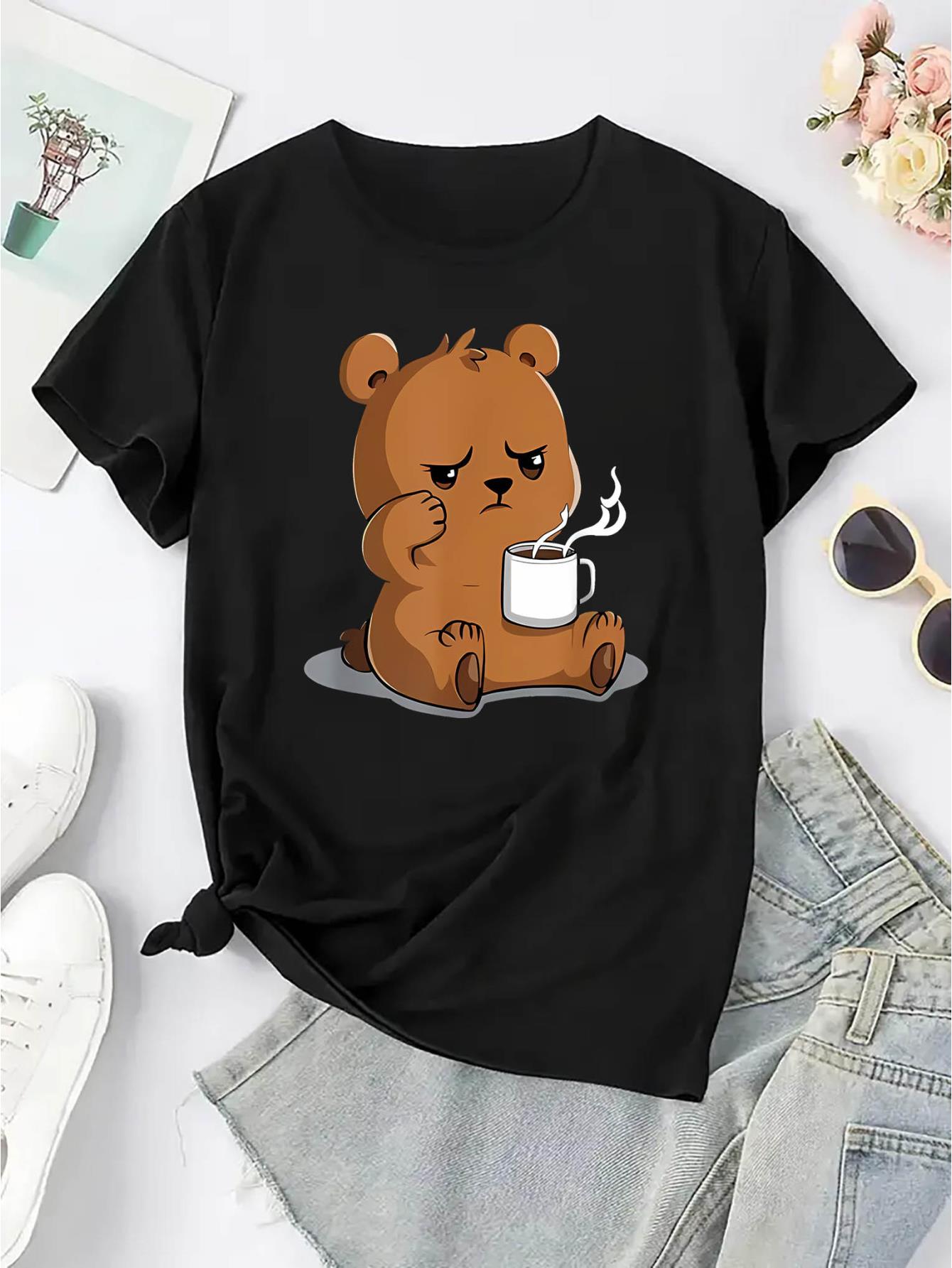 thumbnail image 4 of Women'S Casual Crew Neck T-Shirt with Cute Bear and Coffee Print, Polyester Knit Fabric, Medium Stretch, All Season Fashion Top, 4 of 8