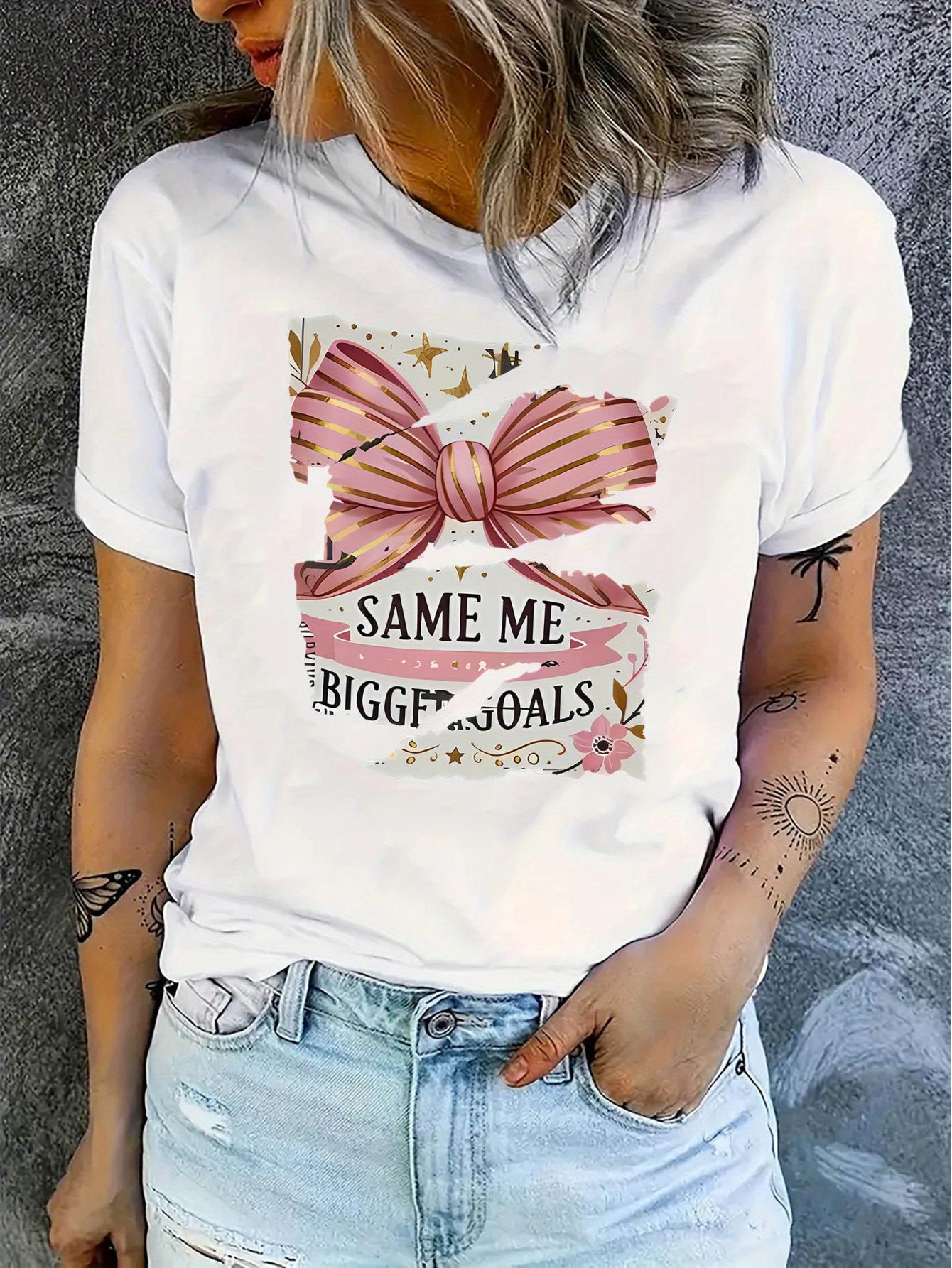 thumbnail image 1 of Women's Casual Crew Neck T-Shirt with Geometric Bow Print, Polyester 95% Spandex 5% Knit Fabric, Medium Stretch, All Season Fashion Top, 1 of 8