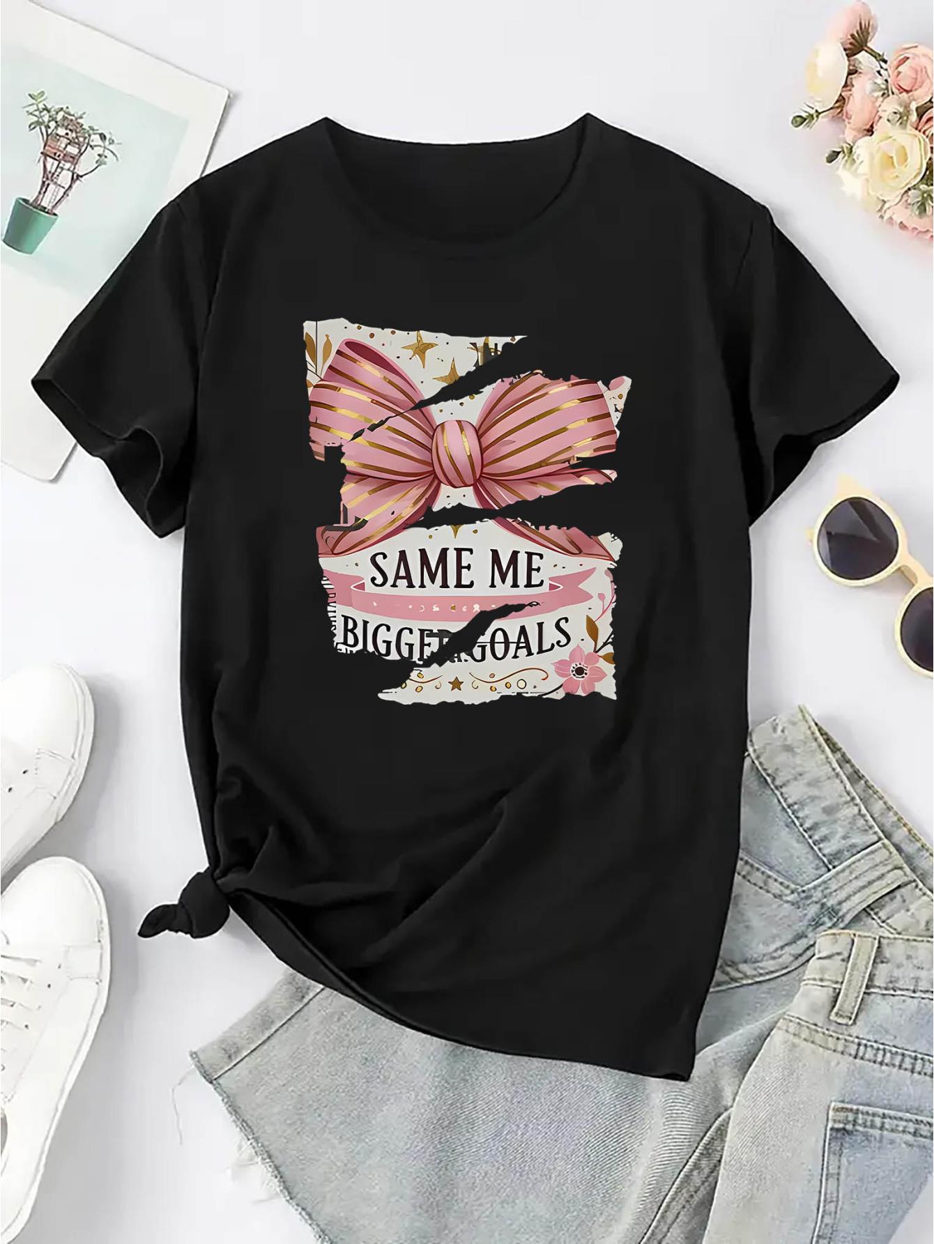thumbnail image 3 of Women's Casual Crew Neck T-Shirt with Geometric Bow Print, Polyester 95% Spandex 5% Knit Fabric, Medium Stretch, All Season Fashion Top, 3 of 8