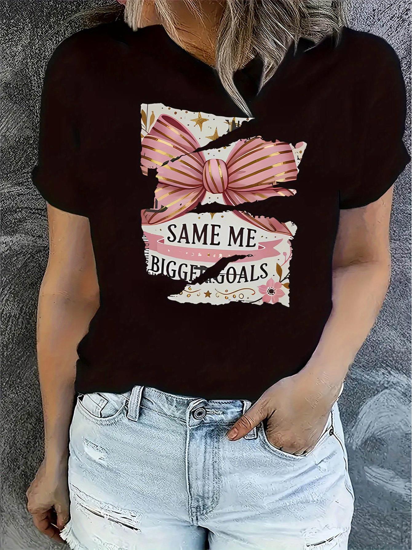 thumbnail image 2 of Women's Casual Crew Neck T-Shirt with Geometric Bow Print, Polyester 95% Spandex 5% Knit Fabric, Medium Stretch, All Season Fashion Top, 2 of 8