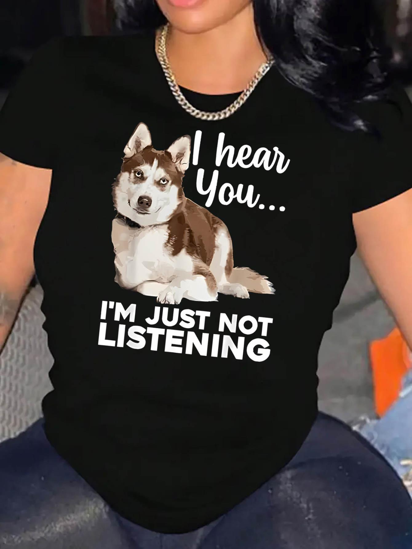 thumbnail image 1 of Women'S Casual Crew Neck T-Shirt with Husky Print, Fashionable Short Sleeve Top, Medium Stretch Polyester 95% Spandex 5%, All-Season Animal Pattern Tee for Summer Comfort, 1 of 8