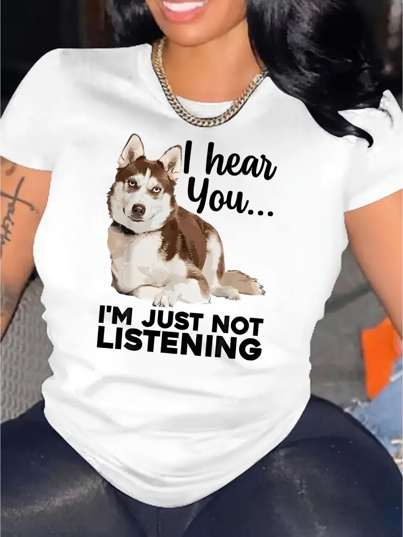 thumbnail image 2 of Women'S Casual Crew Neck T-Shirt with Husky Print, Fashionable Short Sleeve Top, Medium Stretch Polyester 95% Spandex 5%, All-Season Animal Pattern Tee for Summer Comfort, 2 of 8