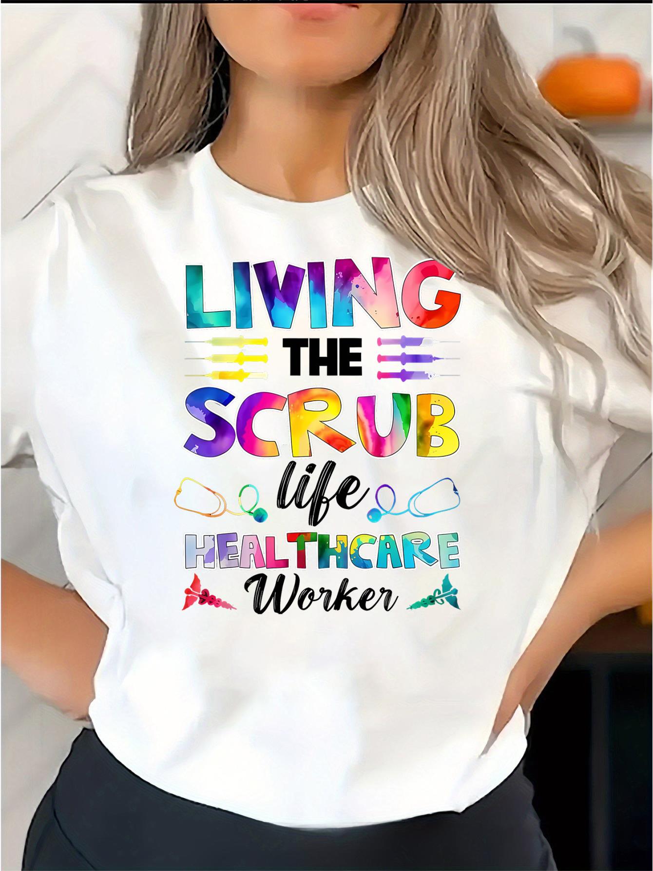 Geometric Pattern Crew Neck T-Shirt - 1pc Women's Casual with "Living The Scrub Life Healthcare Worker" Print, Polyester Knit Fabric, Medium Stretch, All-Season Comfort