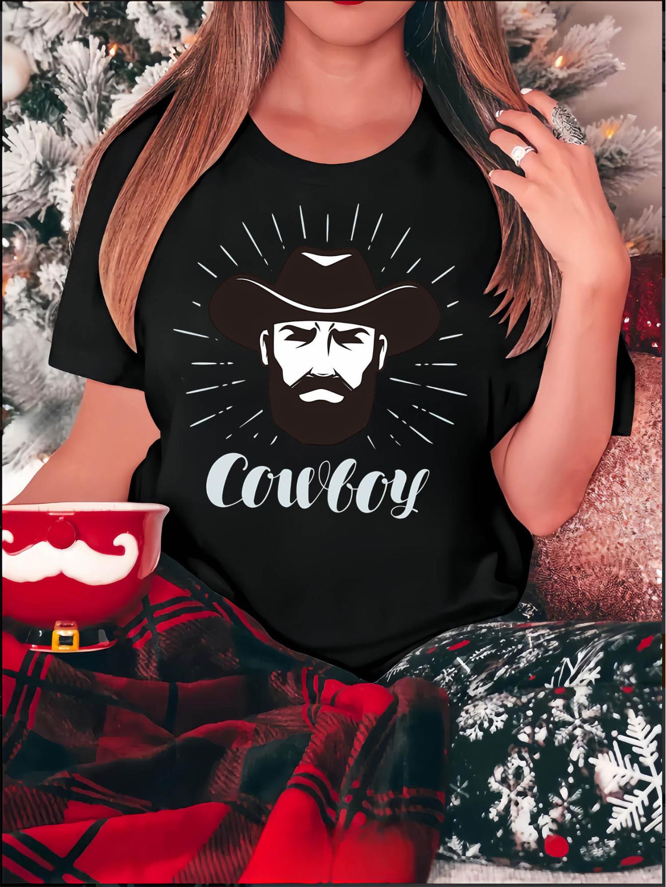 thumbnail image 2 of Women's Cowboy Graphic Tee - Stylish Round Neck Short Sleeve T-Shirt, Soft & Comfortable Summer Top with Mustache & Hat Design, Casual Sporty Tee for Casual Attire, Urban Fashion Tee | Bold Mustache, 2 of 8