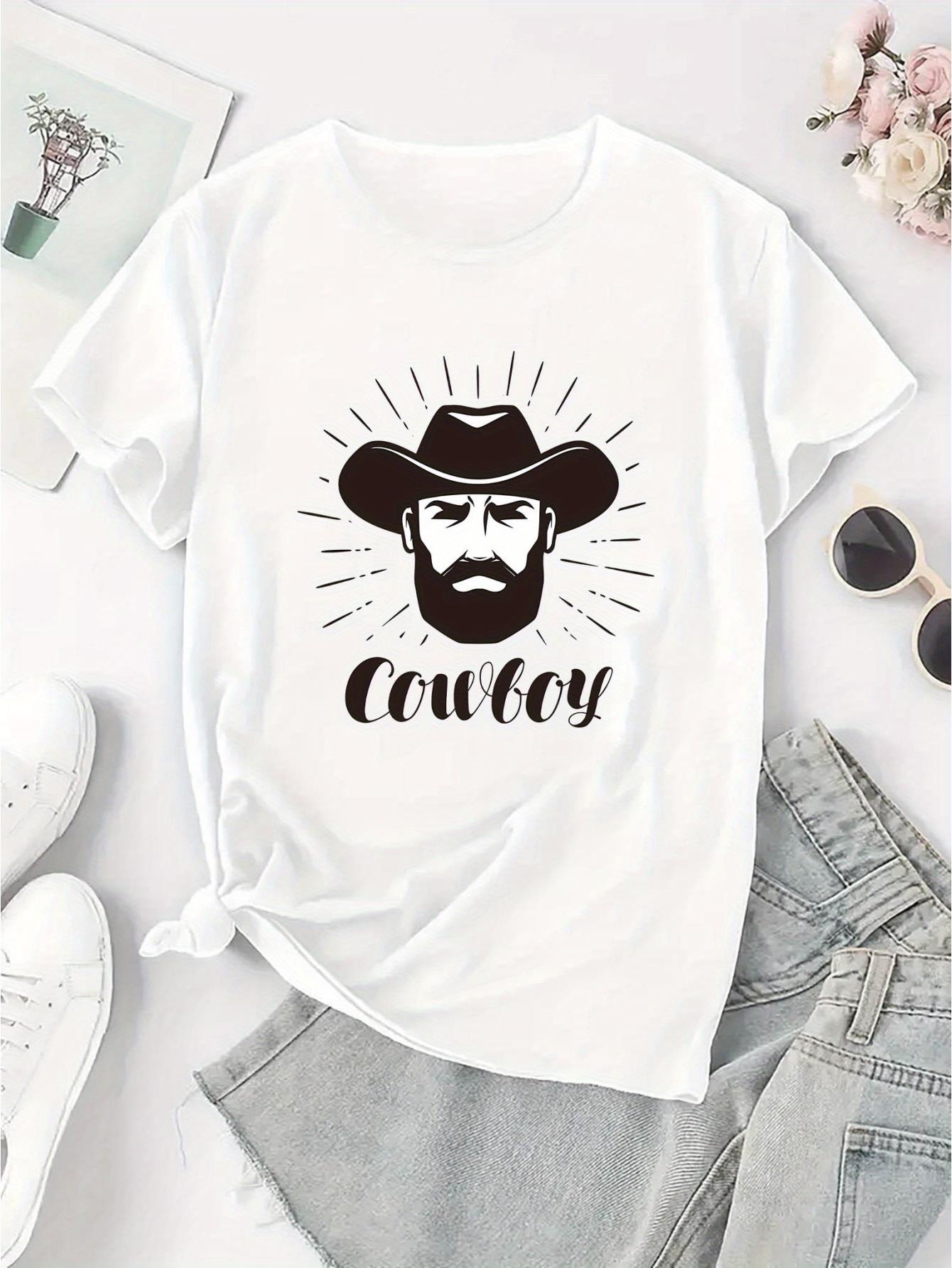 thumbnail image 3 of Women's Cowboy Graphic Tee - Stylish Round Neck Short Sleeve T-Shirt, Soft & Comfortable Summer Top with Mustache & Hat Design, Casual Sporty Tee for Casual Attire, Urban Fashion Tee | Bold Mustache, 3 of 8