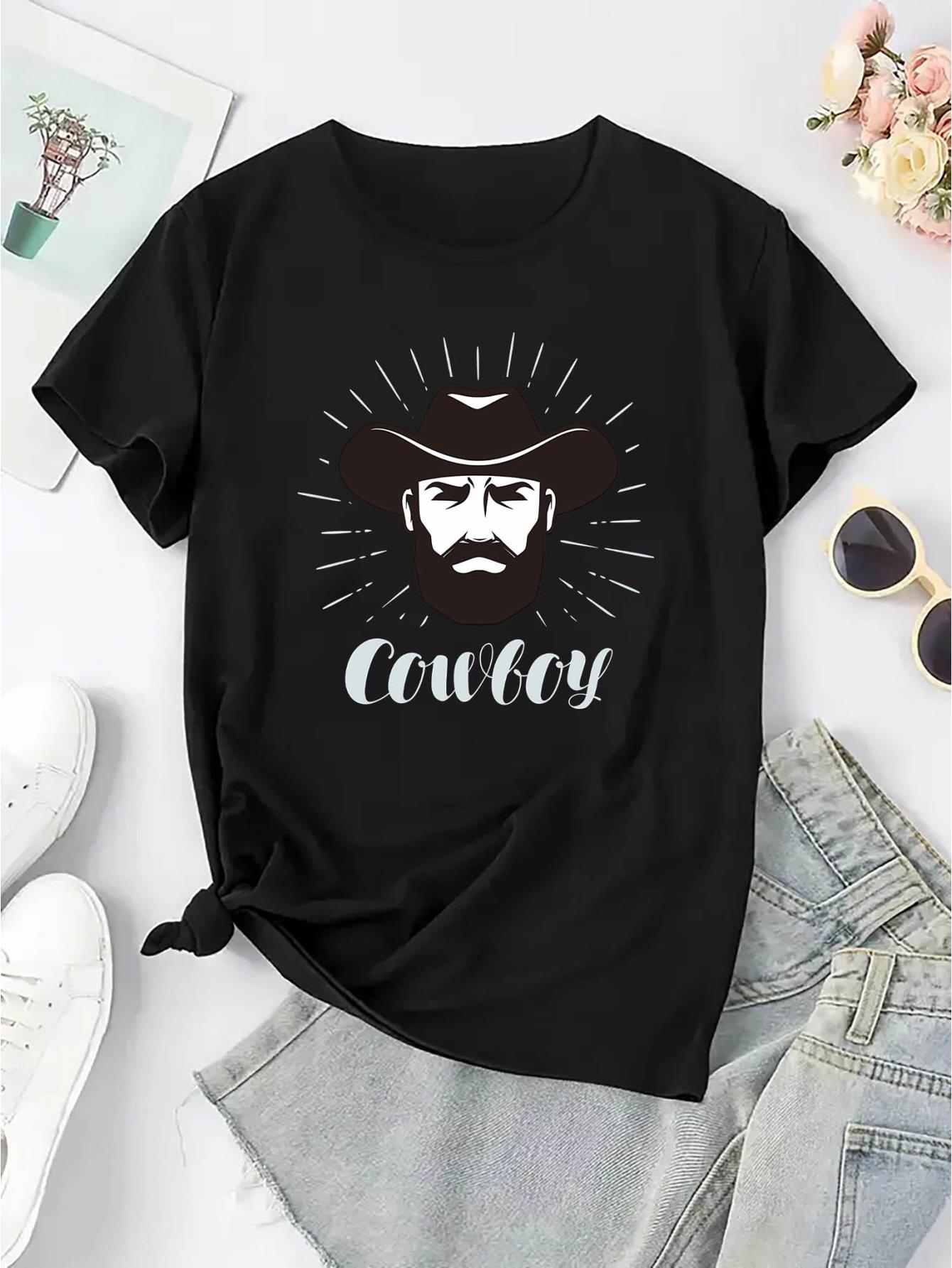 thumbnail image 4 of Women's Cowboy Graphic Tee - Stylish Round Neck Short Sleeve T-Shirt, Soft & Comfortable Summer Top with Mustache & Hat Design, Casual Sporty Tee for Casual Attire, Urban Fashion Tee | Bold Mustache, 4 of 8