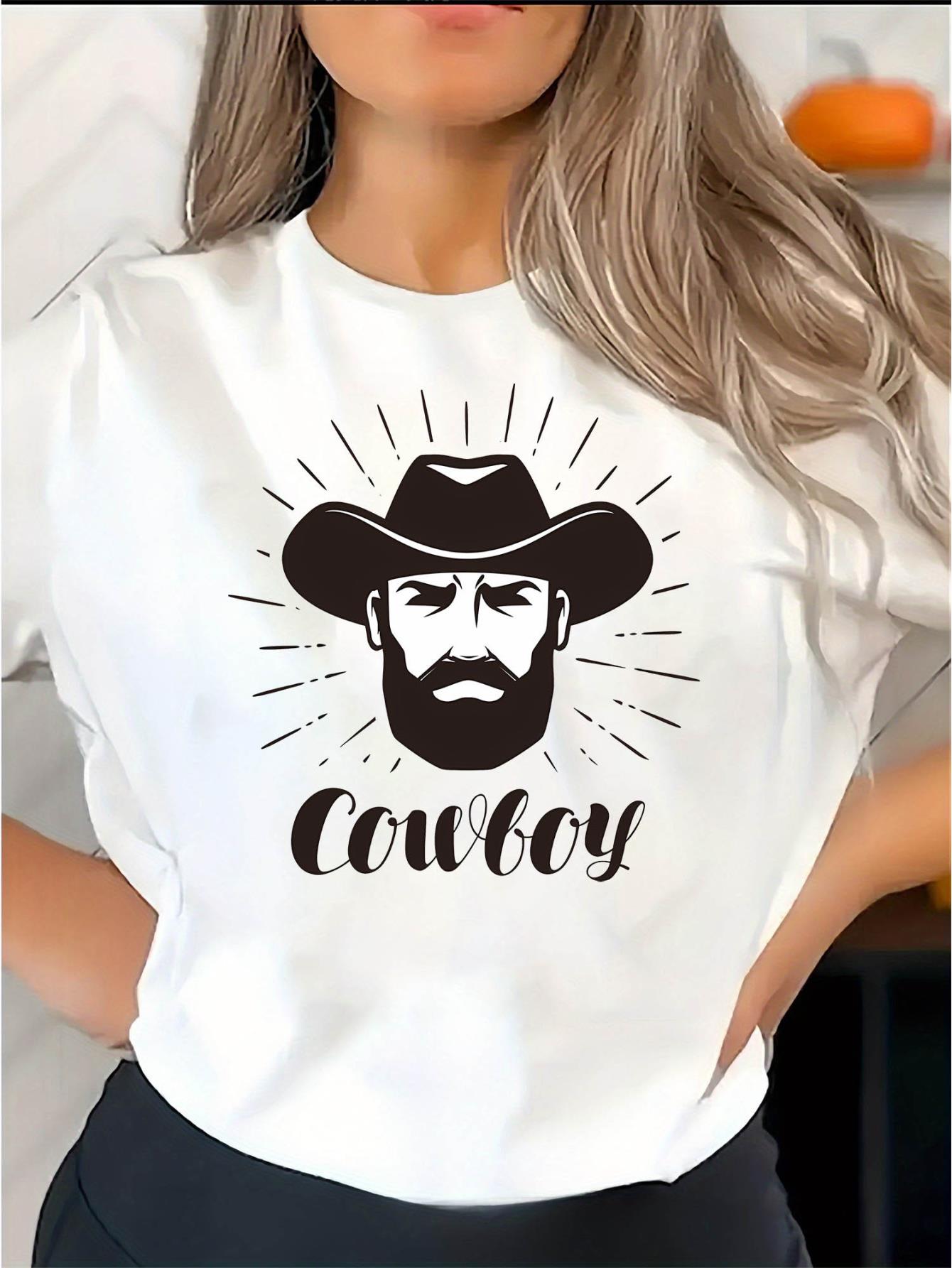 Women's Cowboy Graphic Tee - Stylish Round Neck Short Sleeve T-Shirt, Soft & Comfortable Summer Top with Mustache & Hat Design, Casual Sporty Tee for Casual Attire, Urban Fashion Tee | Bold Mustache