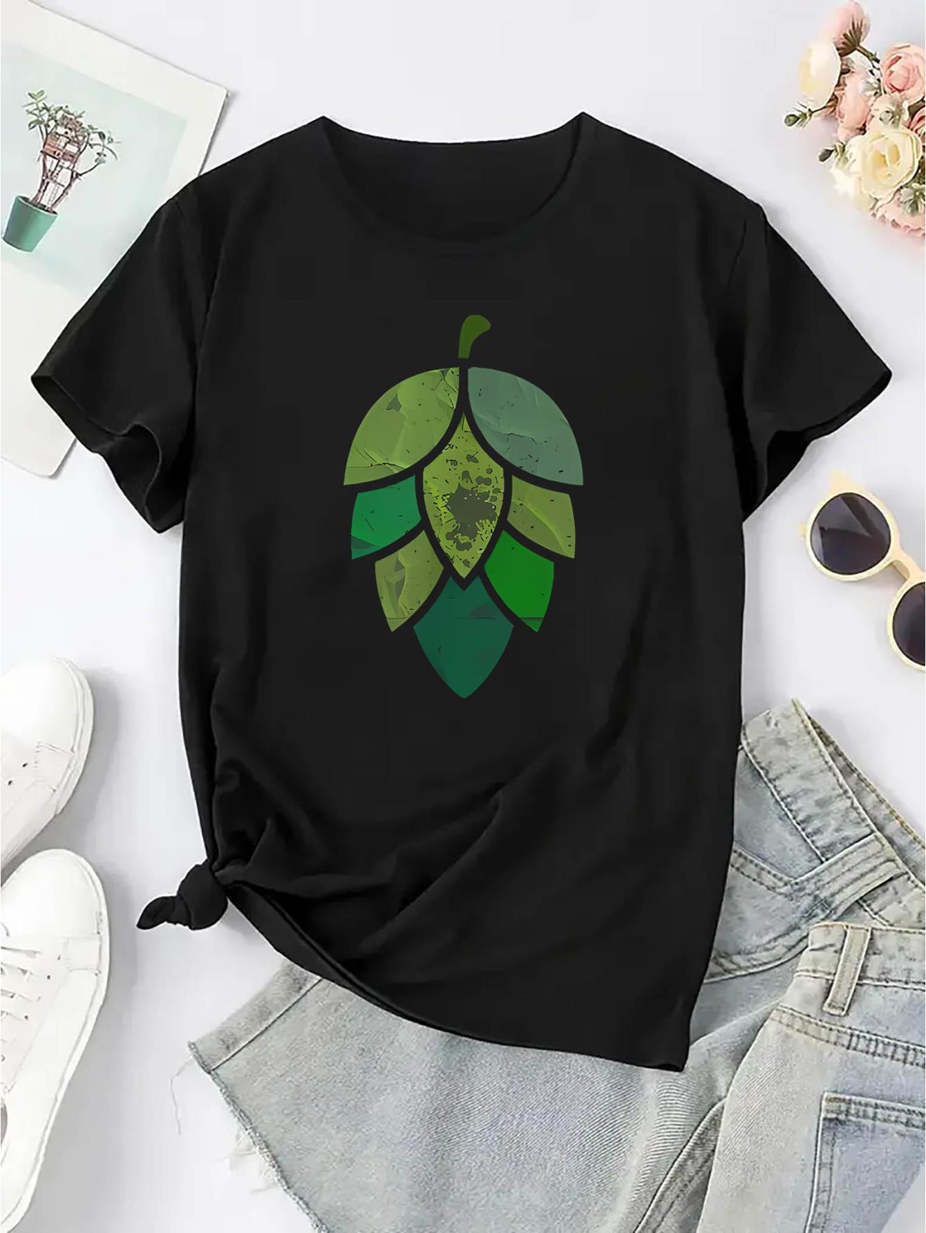 thumbnail image 3 of Women's Distressed Leaf Print T-Shirt - Casual Crew Neck Short Sleeve, Comfortable Summer Top, Polyester Blend, Machine Washable, All-Season Wear, Casual Summer Top | Trendy Casual Style | Stretchabl, 3 of 8