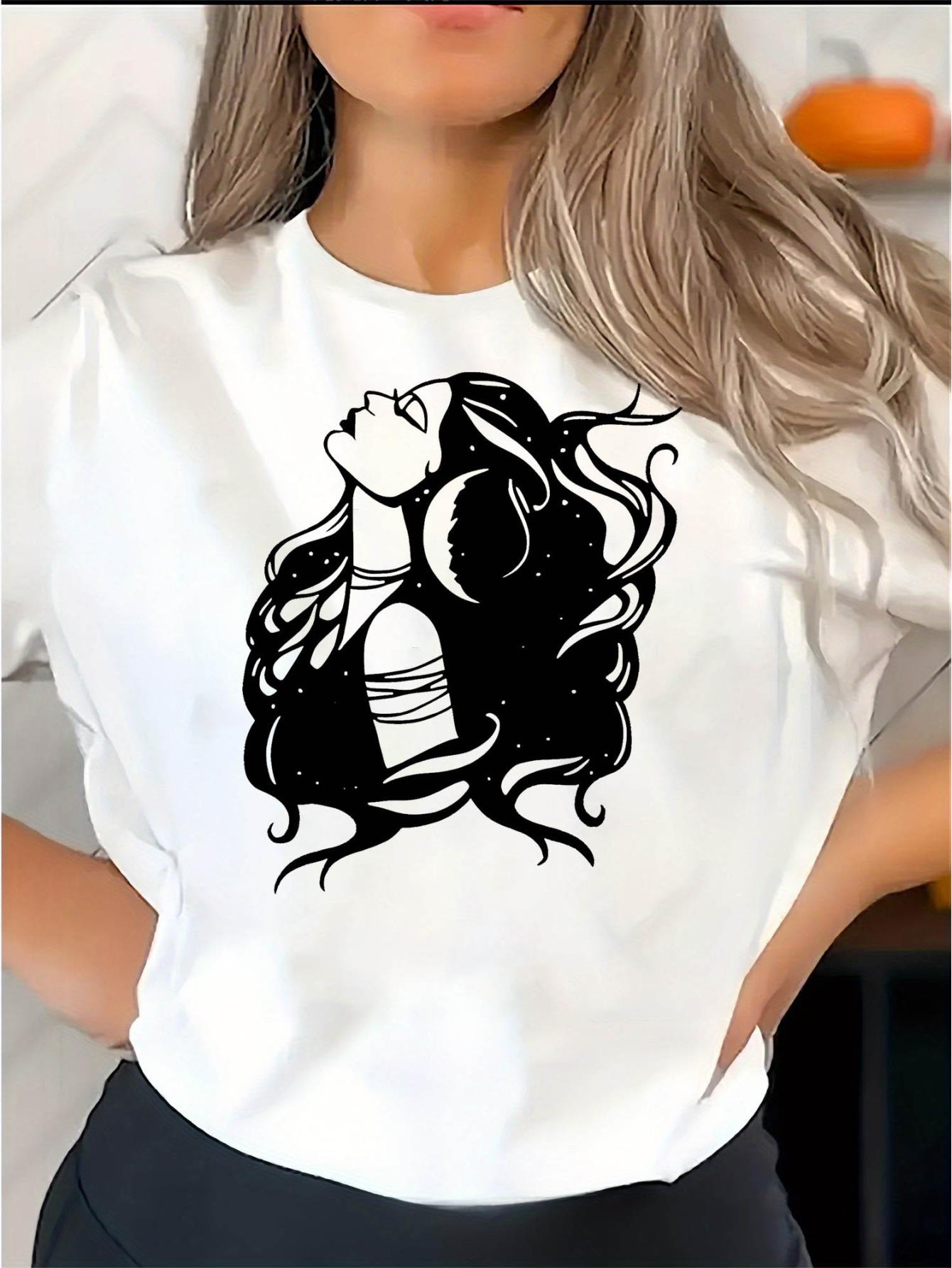 thumbnail image 1 of Women's Casual Graphic Tee - Short Sleeve, Soft Polyester Blend, Round Neck, Machine Washable, White with Black Portrait Print, Comfortable Summer Top for Casual Attire, Ladies T Shirts, 1 of 8