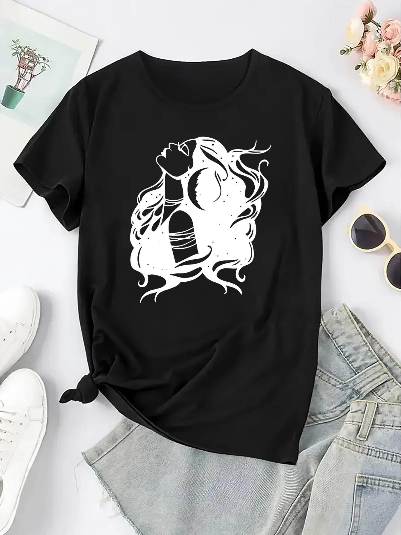 thumbnail image 4 of Women's Casual Graphic Tee - Short Sleeve, Soft Polyester Blend, Round Neck, Machine Washable, White with Black Portrait Print, Comfortable Summer Top for Casual Attire, Ladies T Shirts, 4 of 8
