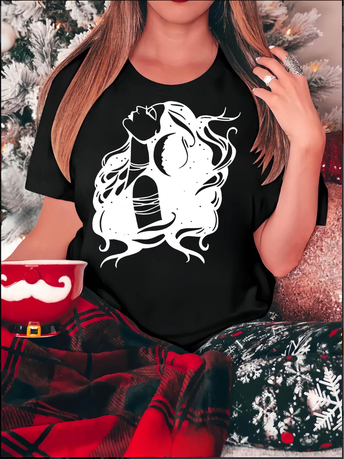 thumbnail image 2 of Women's Casual Graphic Tee - Short Sleeve, Soft Polyester Blend, Round Neck, Machine Washable, White with Black Portrait Print, Comfortable Summer Top for Casual Attire, Ladies T Shirts, 2 of 8