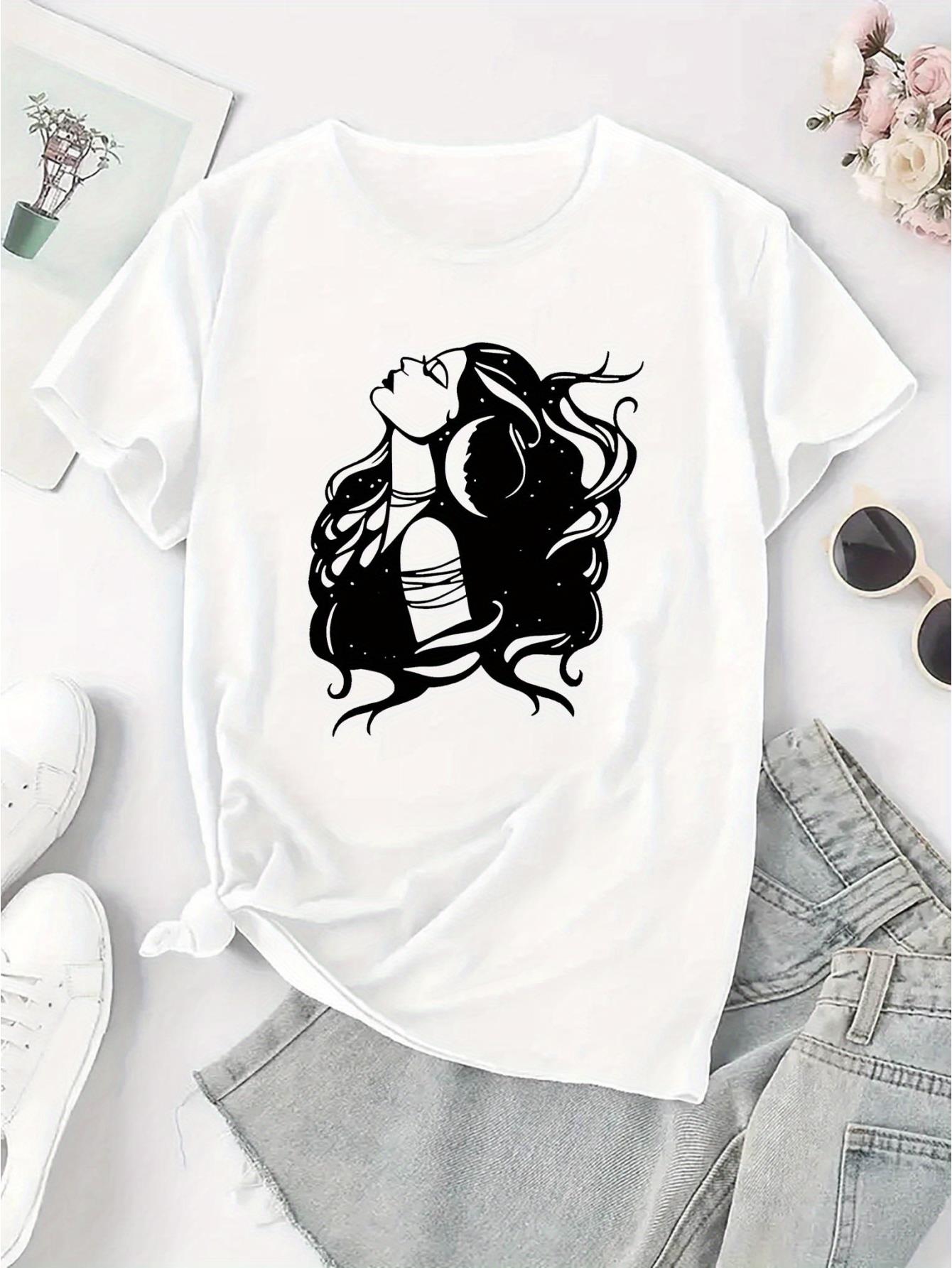 thumbnail image 3 of Women's Casual Graphic Tee - Short Sleeve, Soft Polyester Blend, Round Neck, Machine Washable, White with Black Portrait Print, Comfortable Summer Top for Casual Attire, Ladies T Shirts, 3 of 8