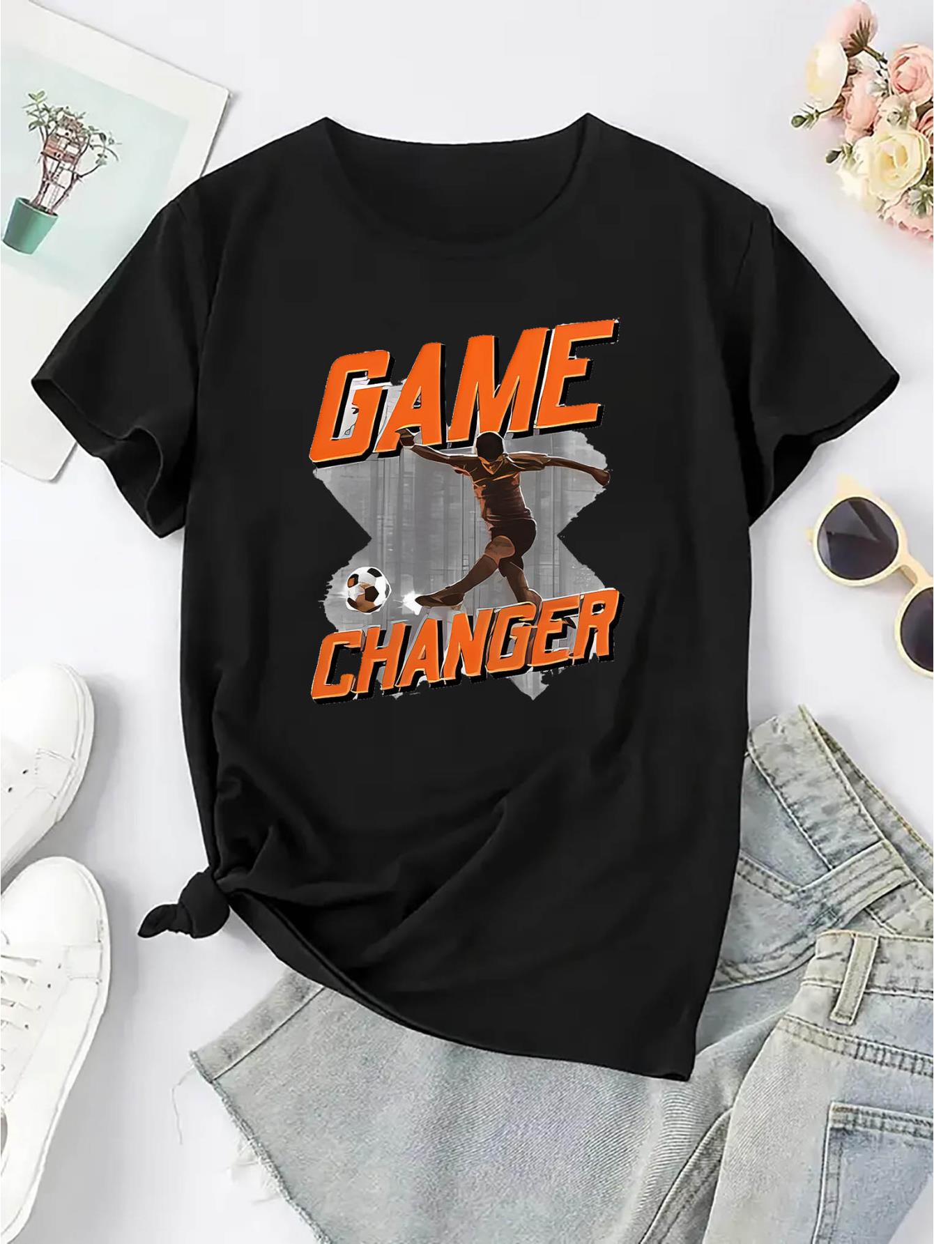 thumbnail image 3 of Women's Game Changer Soccer Graphic Tee - Stylish Black Short Sleeve T-Shirt with Bold Orange Lettering, Comfortable Casual Sportswear for Casual Attire, Sporty Tshirt | Soccer Print | Machine Washab, 3 of 8
