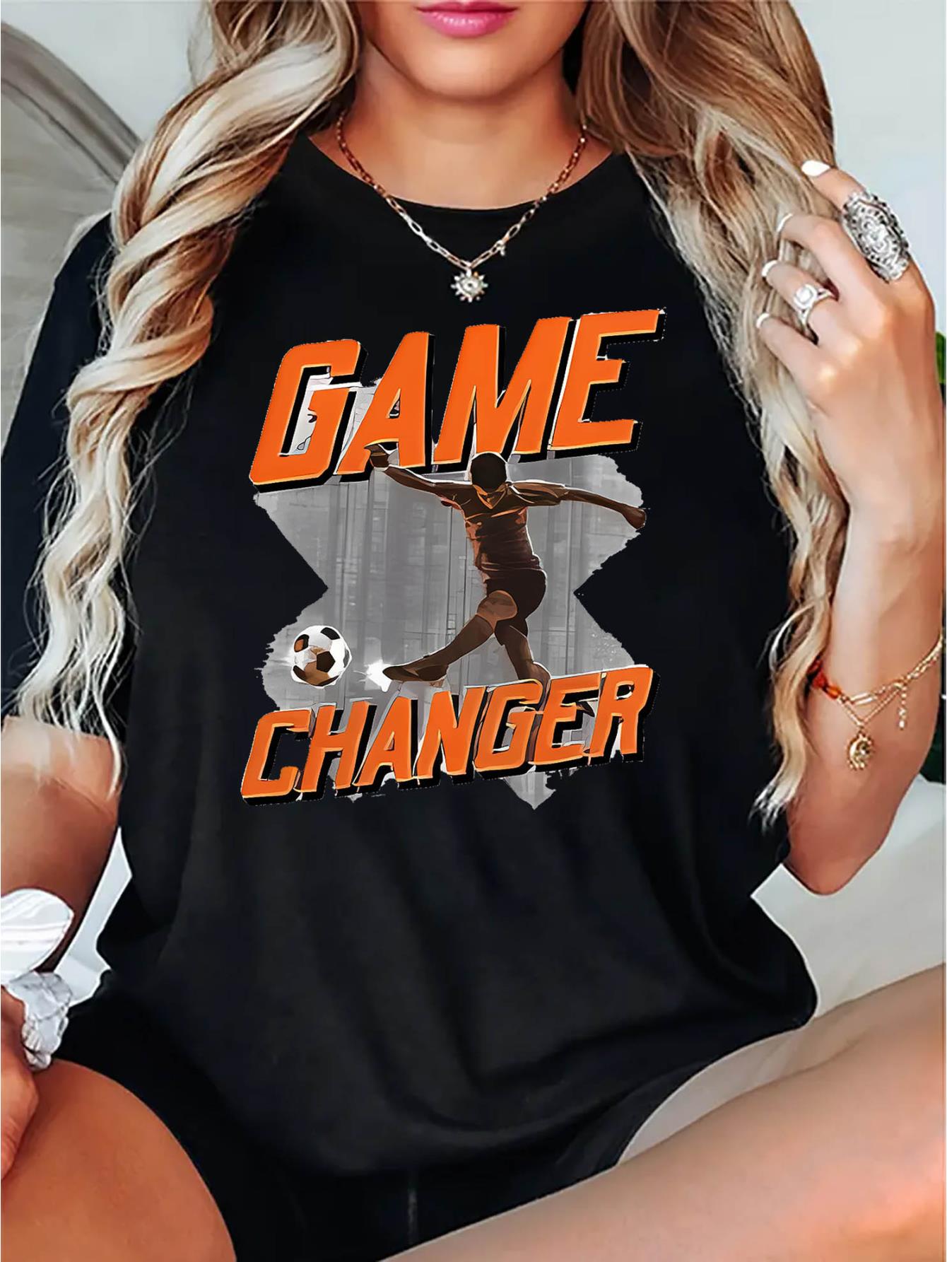 thumbnail image 2 of Women's Game Changer Soccer Graphic Tee - Stylish Black Short Sleeve T-Shirt with Bold Orange Lettering, Comfortable Casual Sportswear for Casual Attire, Sporty Tshirt | Soccer Print | Machine Washab, 2 of 8