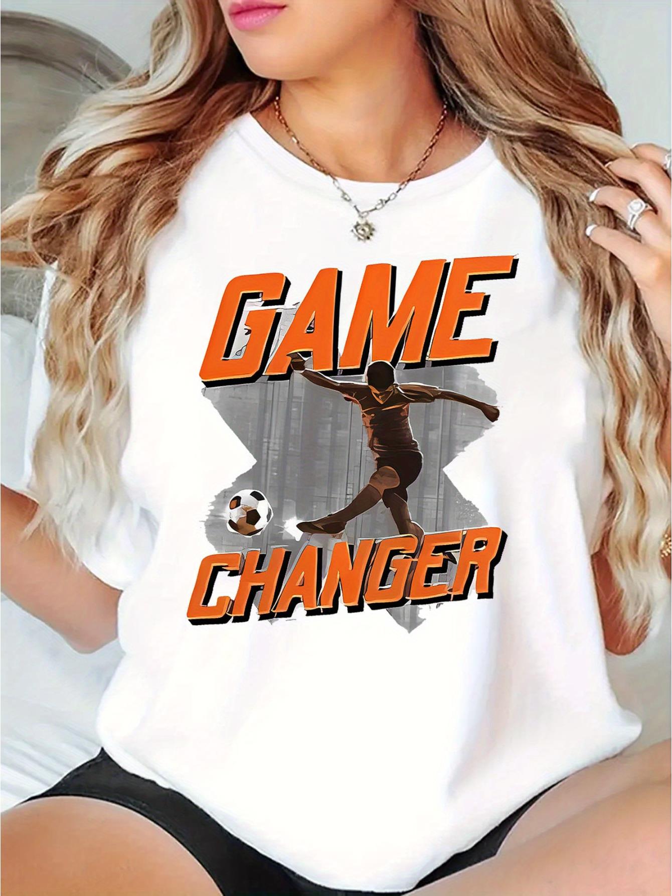 thumbnail image 1 of Women's Game Changer Soccer Graphic Tee - Stylish Black Short Sleeve T-Shirt with Bold Orange Lettering, Comfortable Casual Sportswear for Casual Attire, Sporty Tshirt | Soccer Print | Machine Washab, 1 of 8
