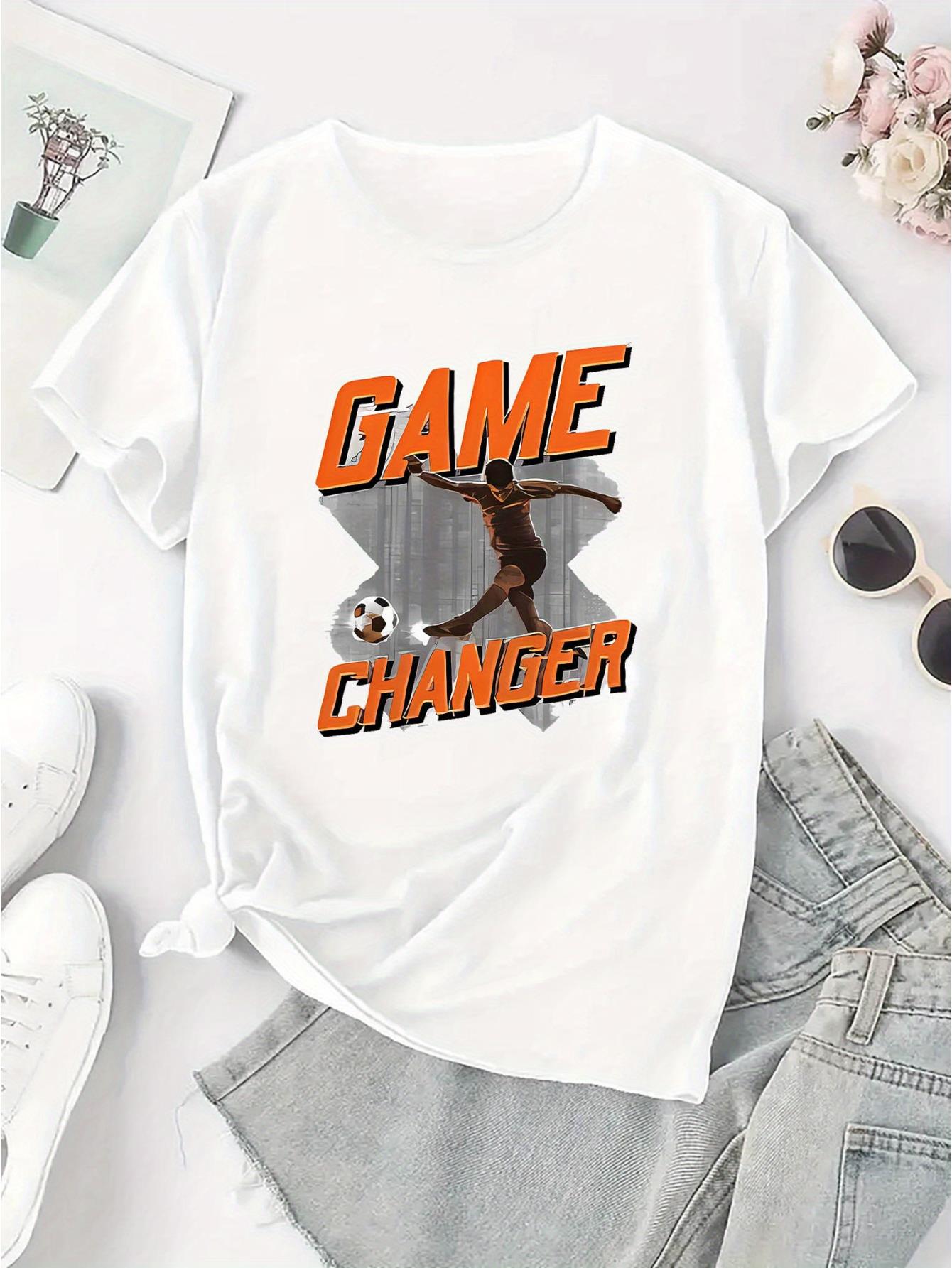 thumbnail image 4 of Women's Game Changer Soccer Graphic Tee - Stylish Black Short Sleeve T-Shirt with Bold Orange Lettering, Comfortable Casual Sportswear for Casual Attire, Sporty Tshirt | Soccer Print | Machine Washab, 4 of 8