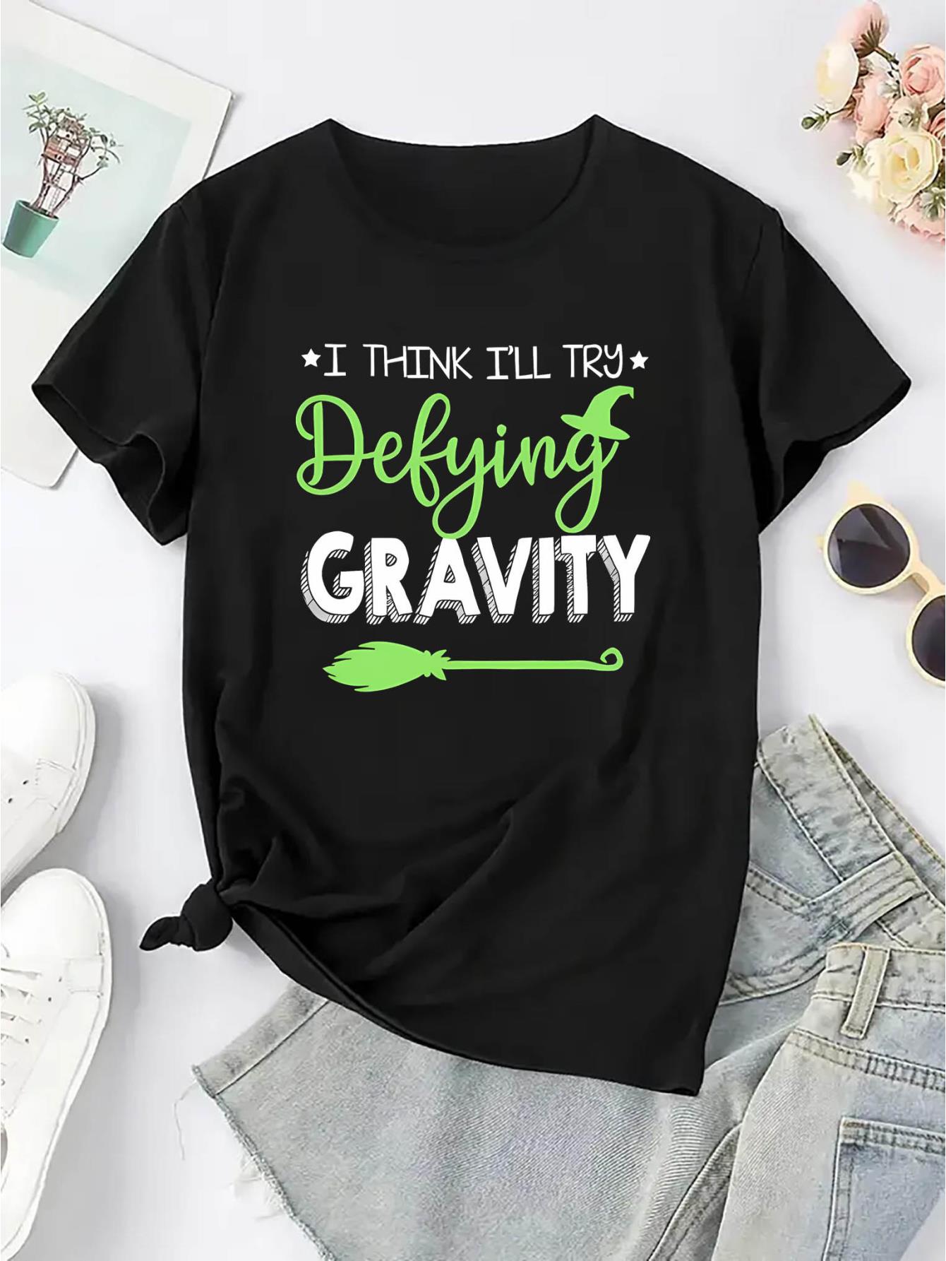thumbnail image 4 of Women's "I for THINK I'll Try Defying Gravity" Graphic Tee - Casual Short Sleeve T-Shirt, Comfortable Summer Top, White with Green Letter Print, Polyester Blend, Machine Washable, 4 of 8