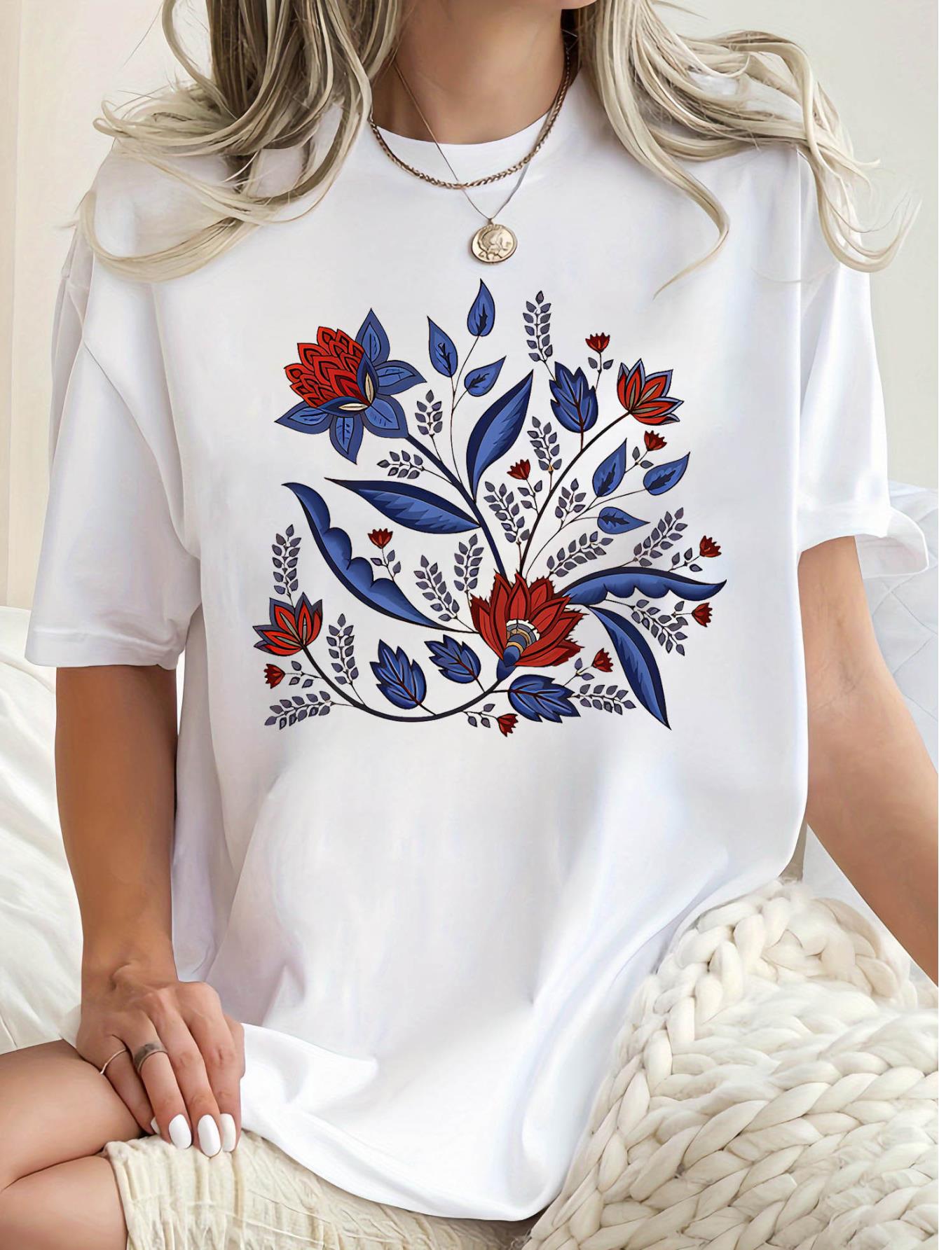 thumbnail image 1 of Women'S Floral Print Short Sleeve T-Shirt, Casual Crew Neck Polyester Knit Top with Medium Stretch, All-Season Fashion Tee for Sports & Leisure, 1 of 8