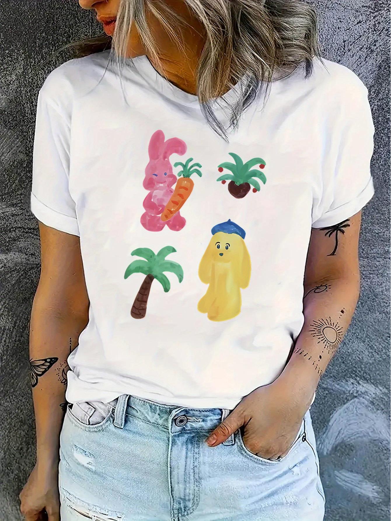 thumbnail image 2 of Women'S Fashion Casual Crew Neck Short Sleeve Polyester T-Shirt, Creative Plush Animal Print, Simple Sports, Medium Stretch Knit Fabric, 180g/m², for Holiday Summer Comfort, 2 of 8