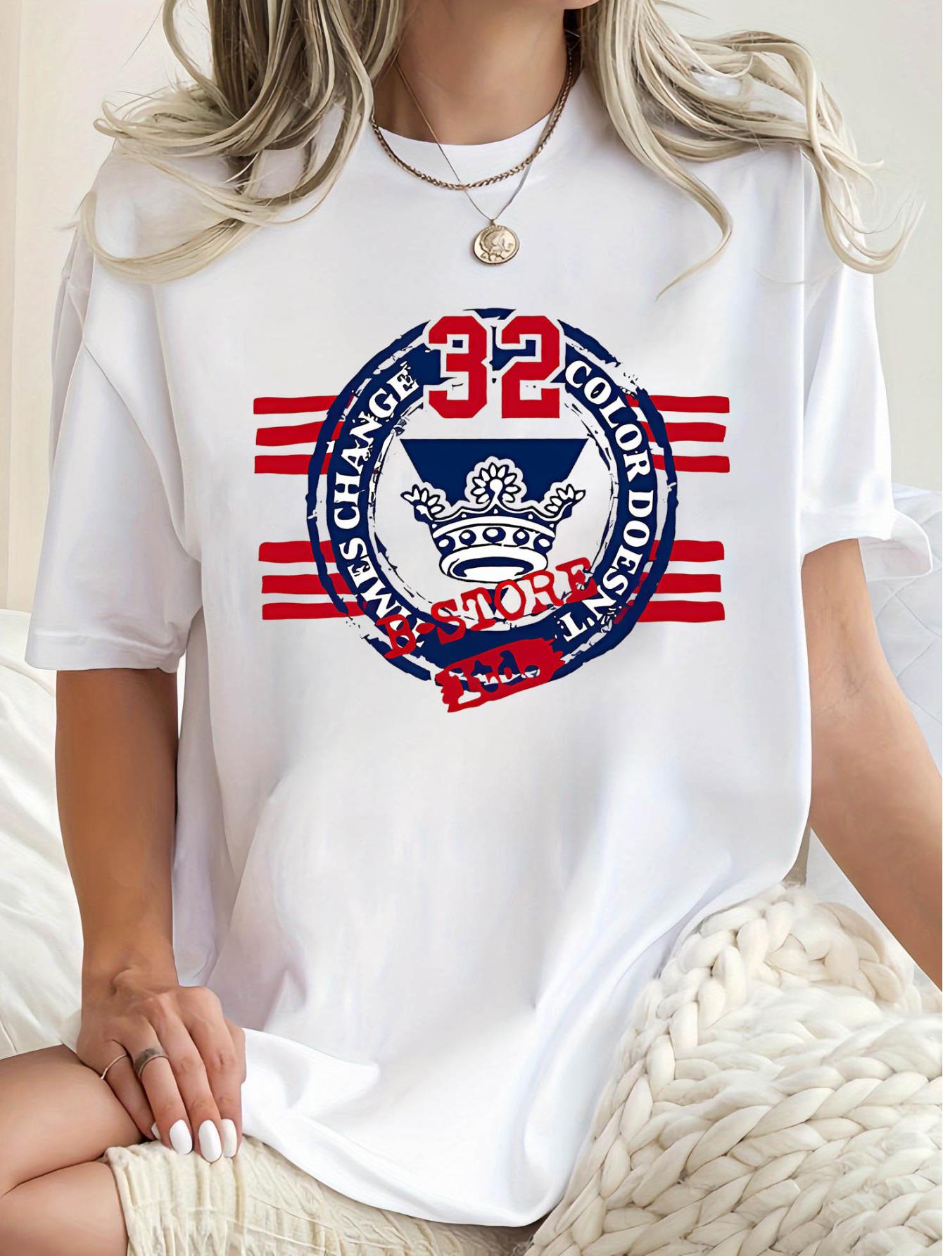 thumbnail image 2 of Women's Casual Crown & Letter Print Short Sleeve T-Shirt - Comfortable Summer Top with "32 Chicago" Design, White Crew Neck Tee for Casual Attire, 2 of 8