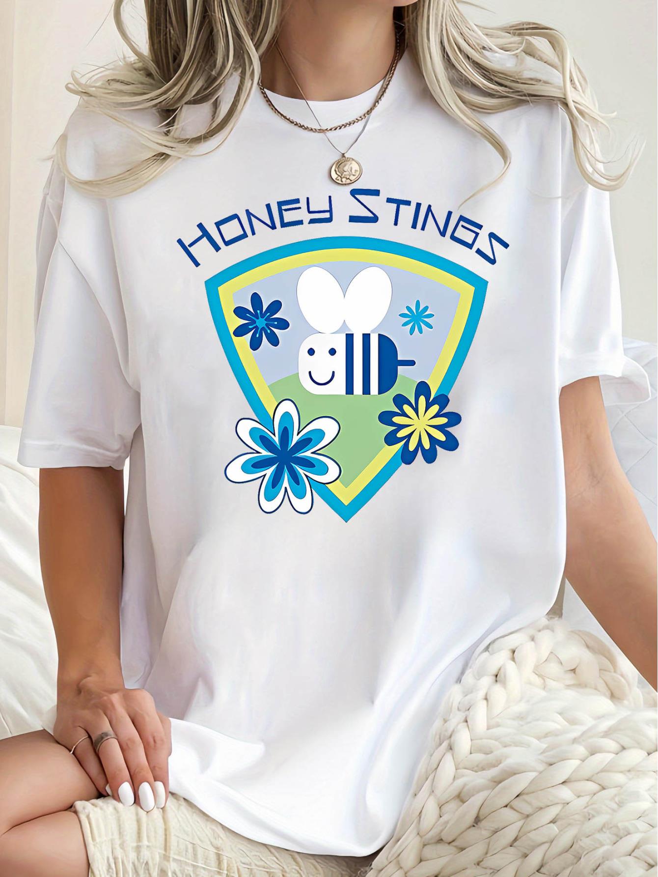 thumbnail image 2 of Women's Honey Stings Cartoon Bee & Flower Graphic T-Shirt - Soft, Comfortable Casual Summer Top, White Crew Neck Tee with Playful Design, Vacation Tshirt | Trendy Cartoon Shirt | Nontransparent Fabri, 2 of 8